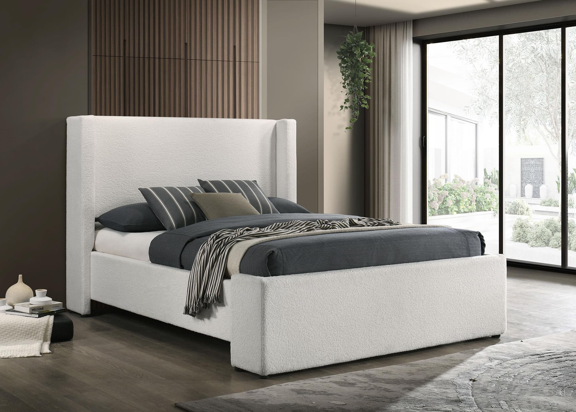 Alamosa Boucle Upholstered King Wingback Platform Bed White