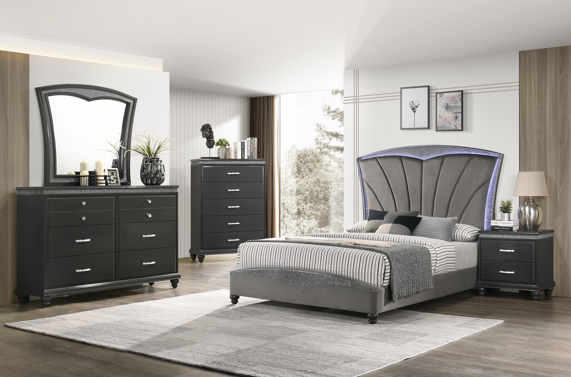 Frampton Gray LED Fabric Upholstered Panel Bedroom Set - Image 1
