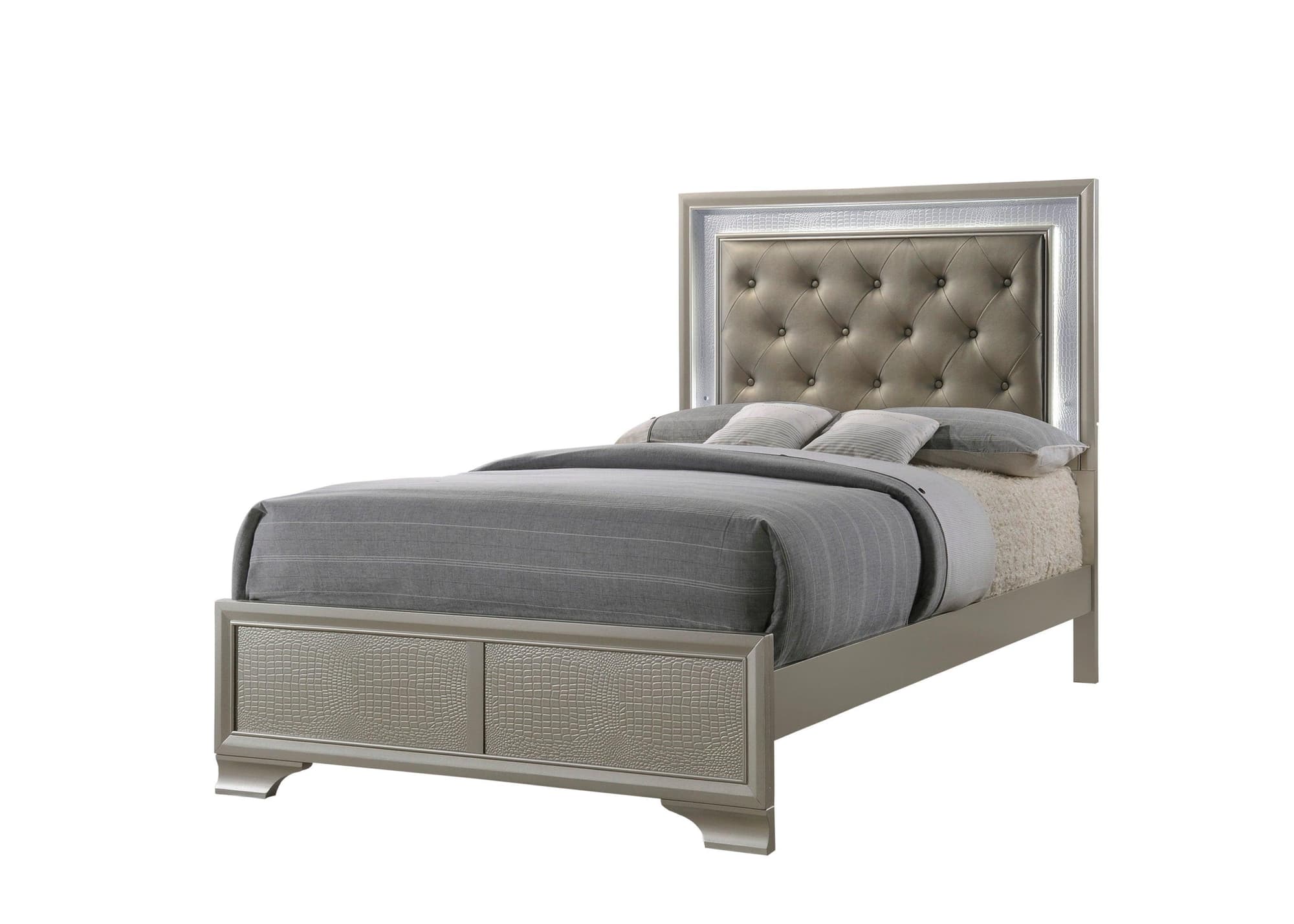 Lyssa Champagne LED Upholstered Tufted Panel Twin Bed - Image 1