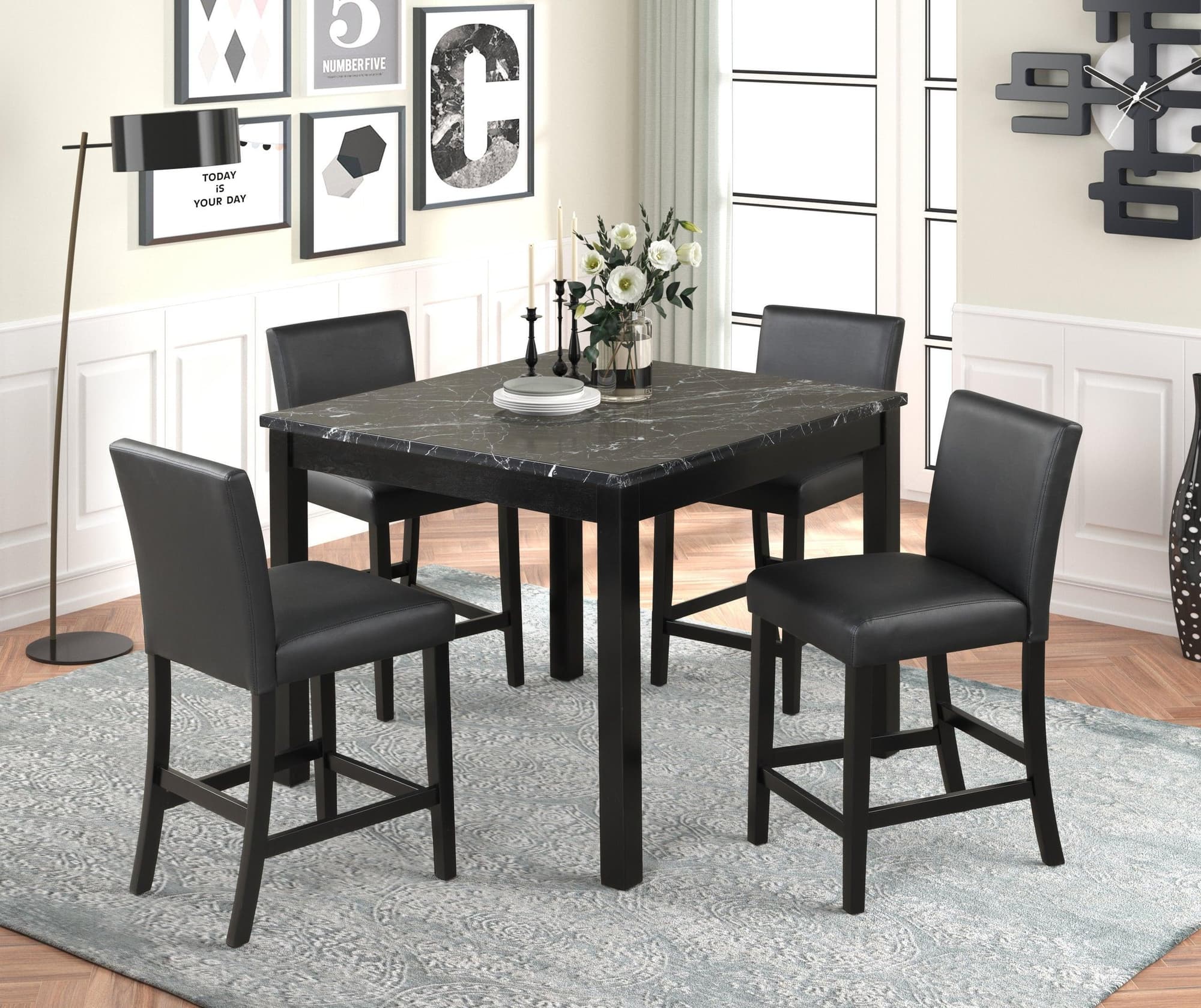 Dior Oynx Black Marble Top Faux Leather Dining Room Set - Image 1