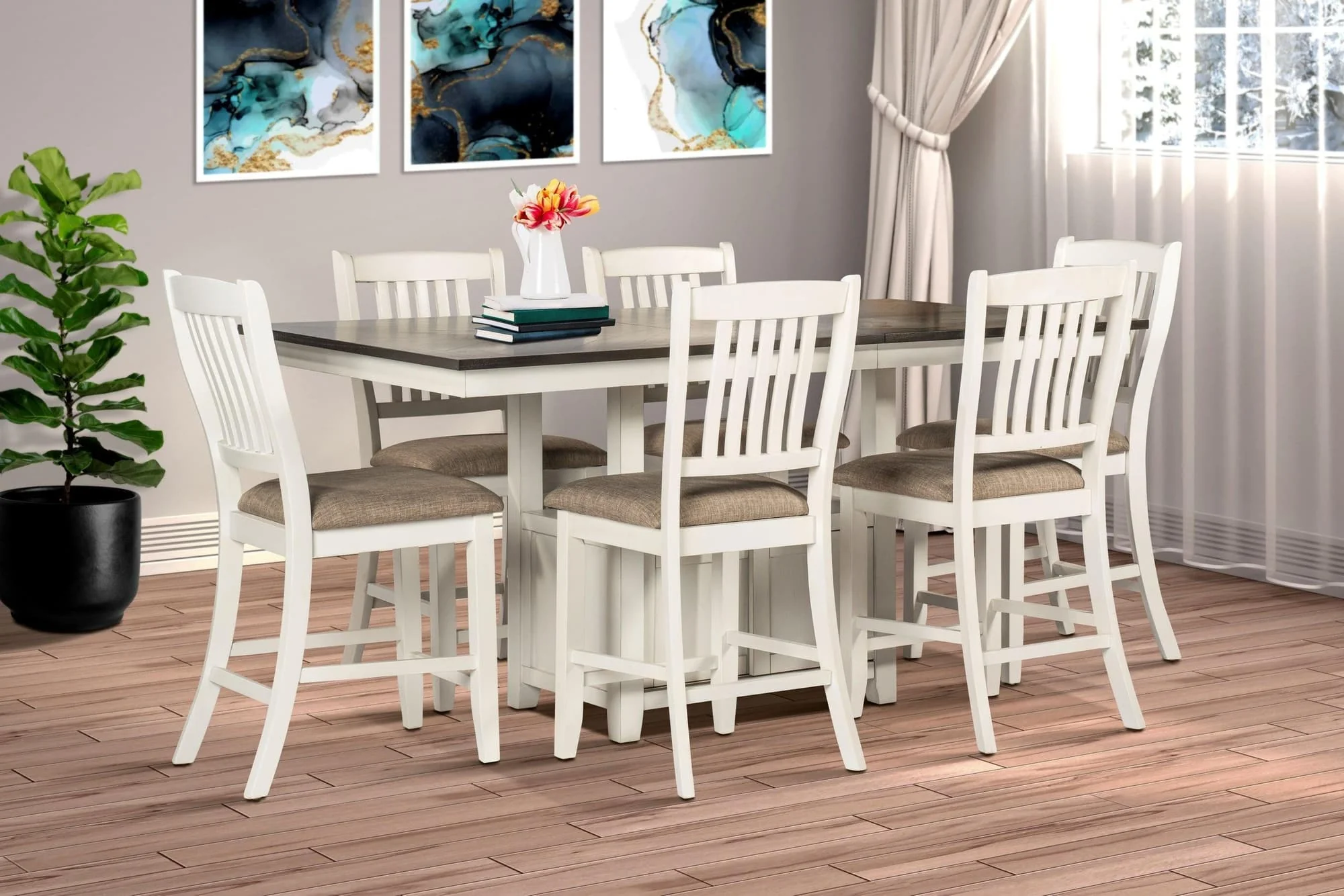 White Brown Fabric Dining Room Set - Image 1