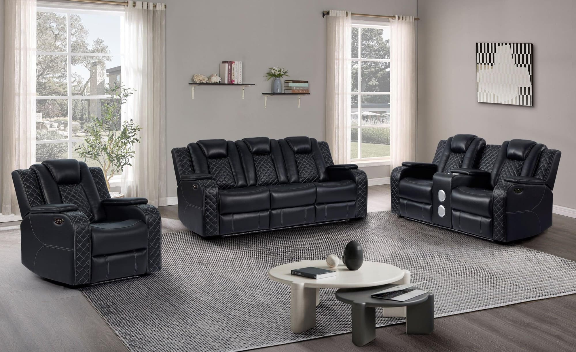 Galaxy Black Faux Leather LED Power Reclining Set - Image 1