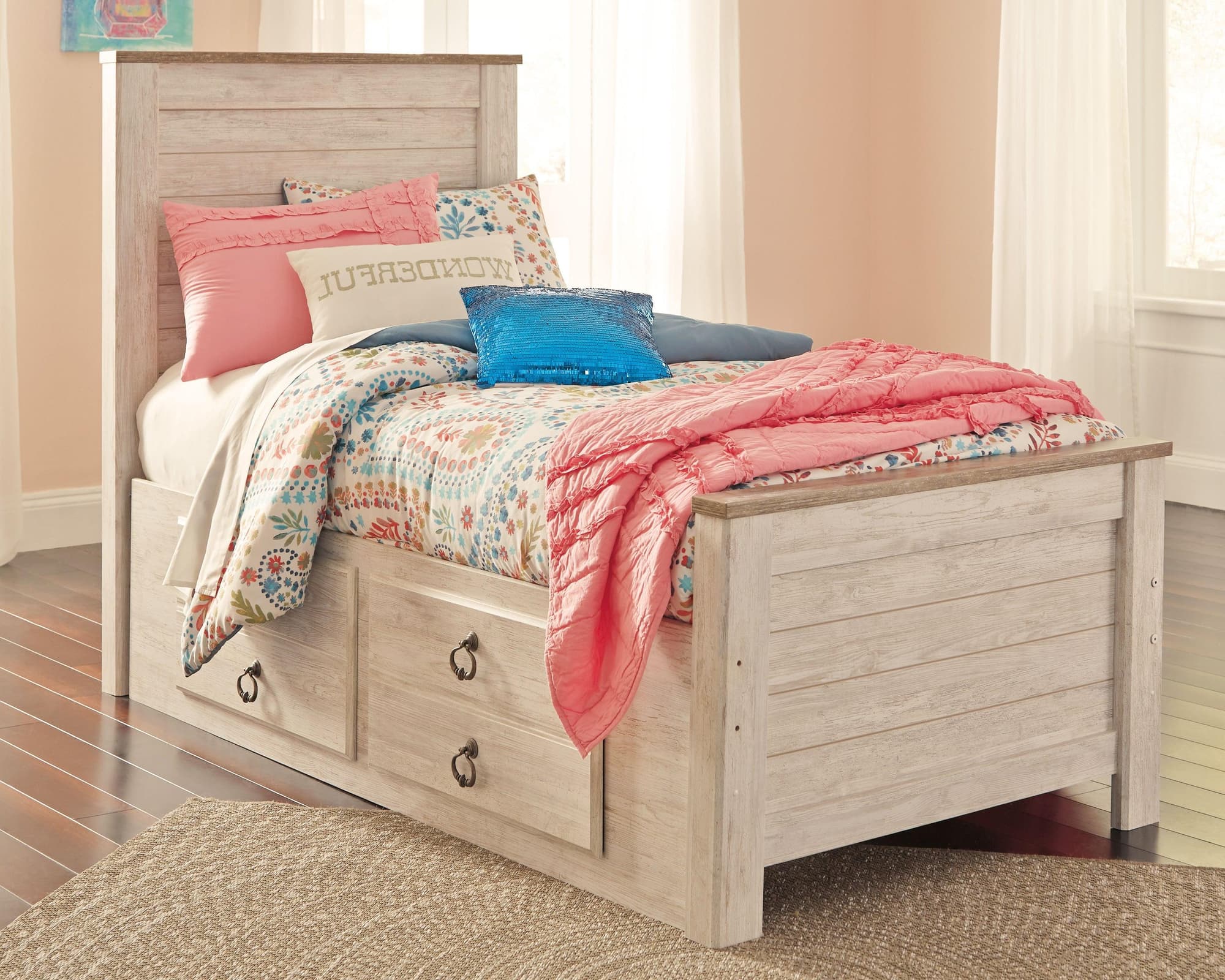 Willowton Whitewash Twin Panel Bed With 2 Storage Drawers - Image 1