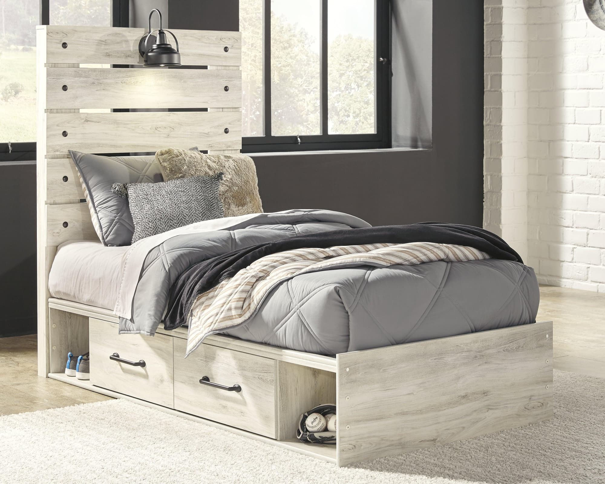 Cambeck Whitewash Twin Panel Bed With 4 Storage Drawers - Image 1