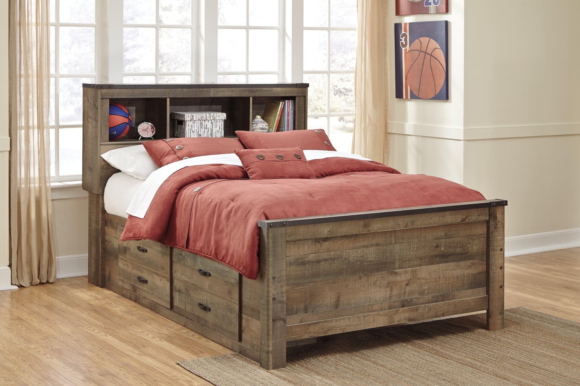 Trinell Brown Full Bookcase Bed With 2 Storage Drawers - Image 1