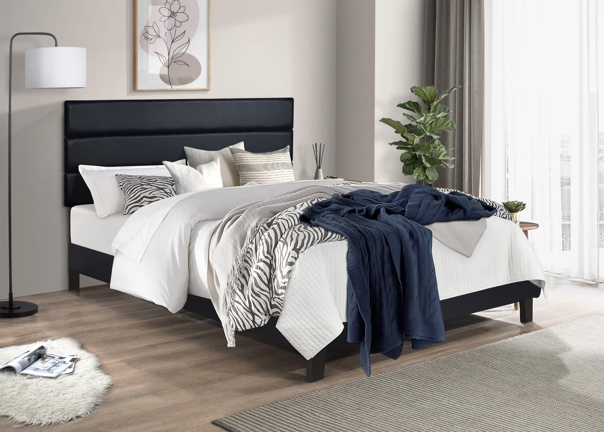 Welly Black PU Upholstered Platform Queen Bed - Image 1