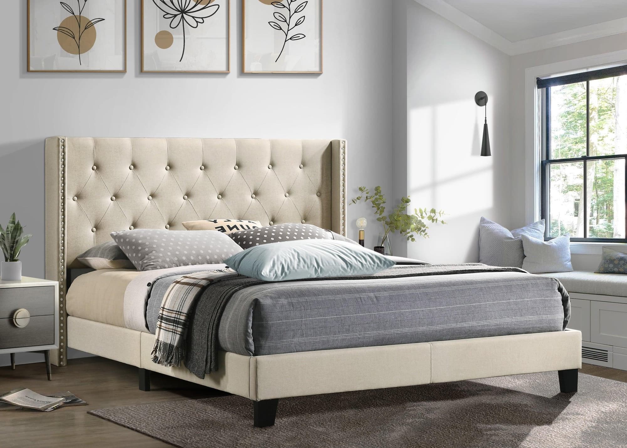 Paddy Beige Upholstered Tufted Platform Twin Bed - Image 1