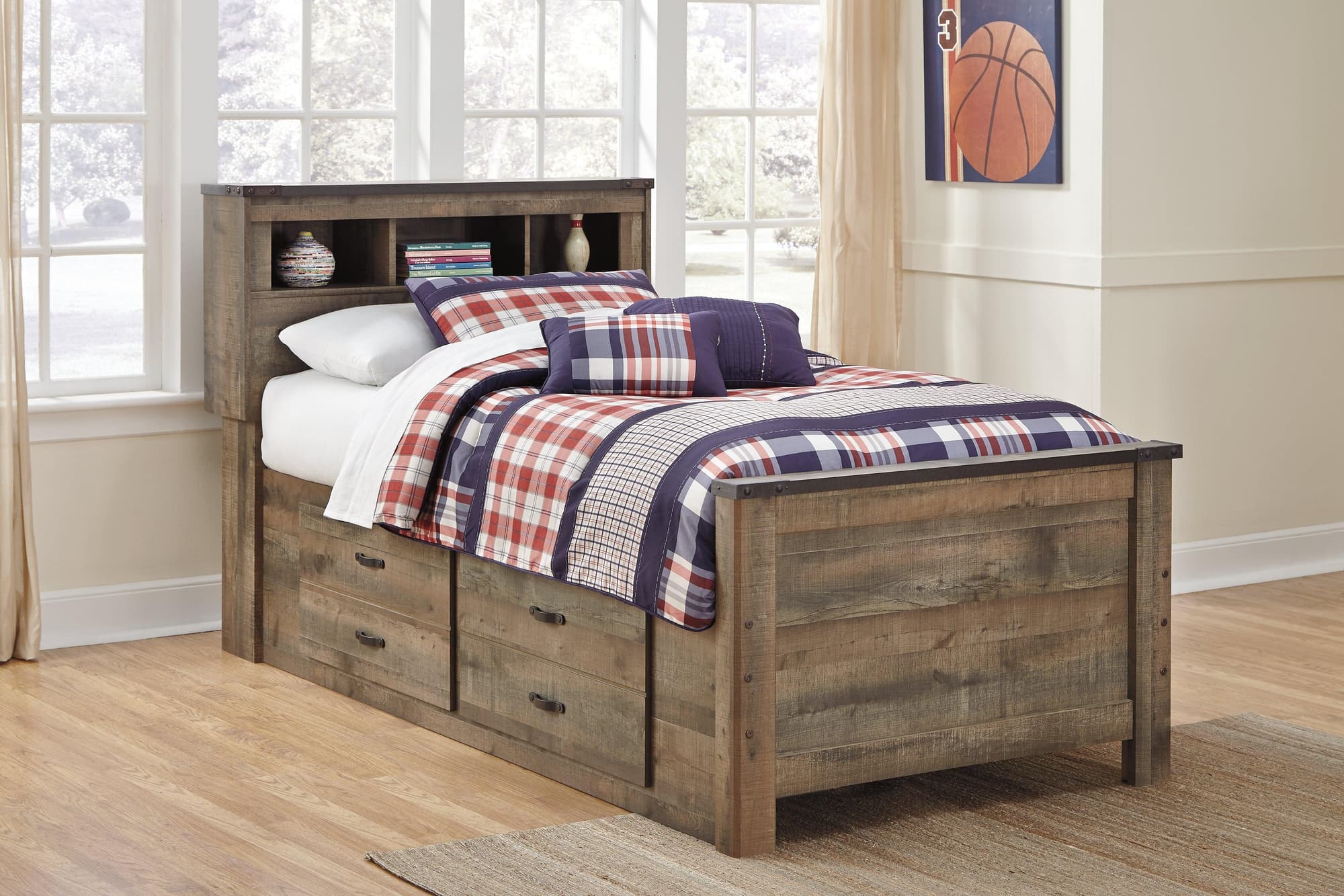 Trinell Brown Twin Bookcase Bed With 2 Storage Drawers - Image 1