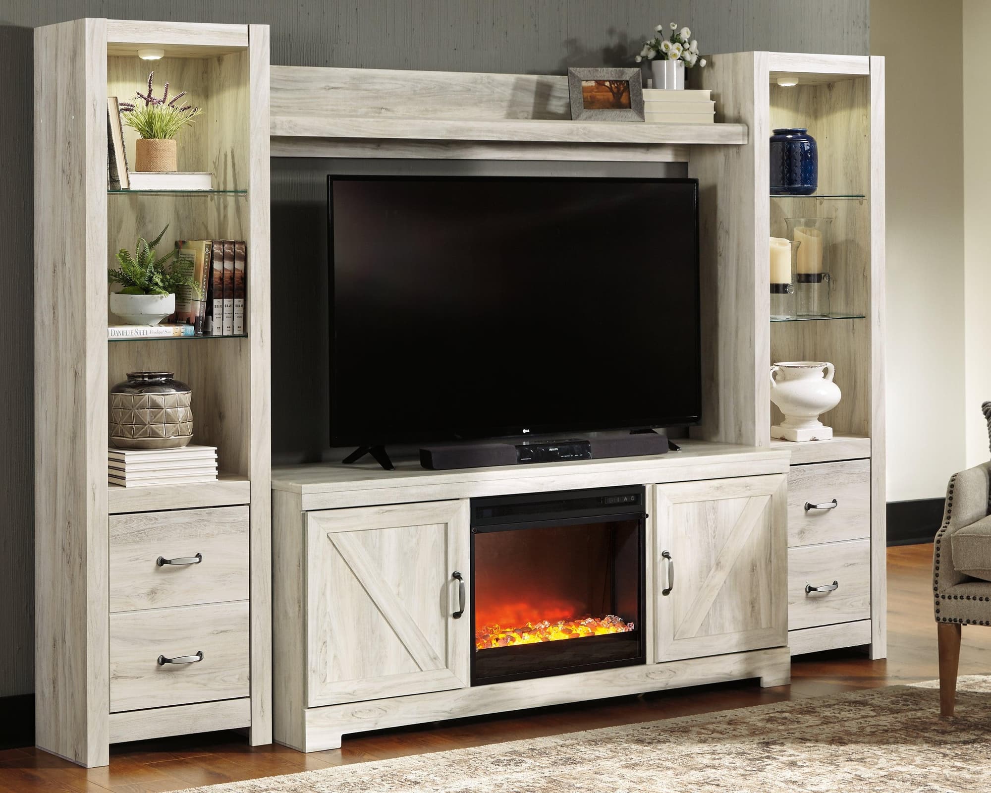 Bellaby Whitewash 4-Piece Entertainment Center With Fireplace - Image 1
