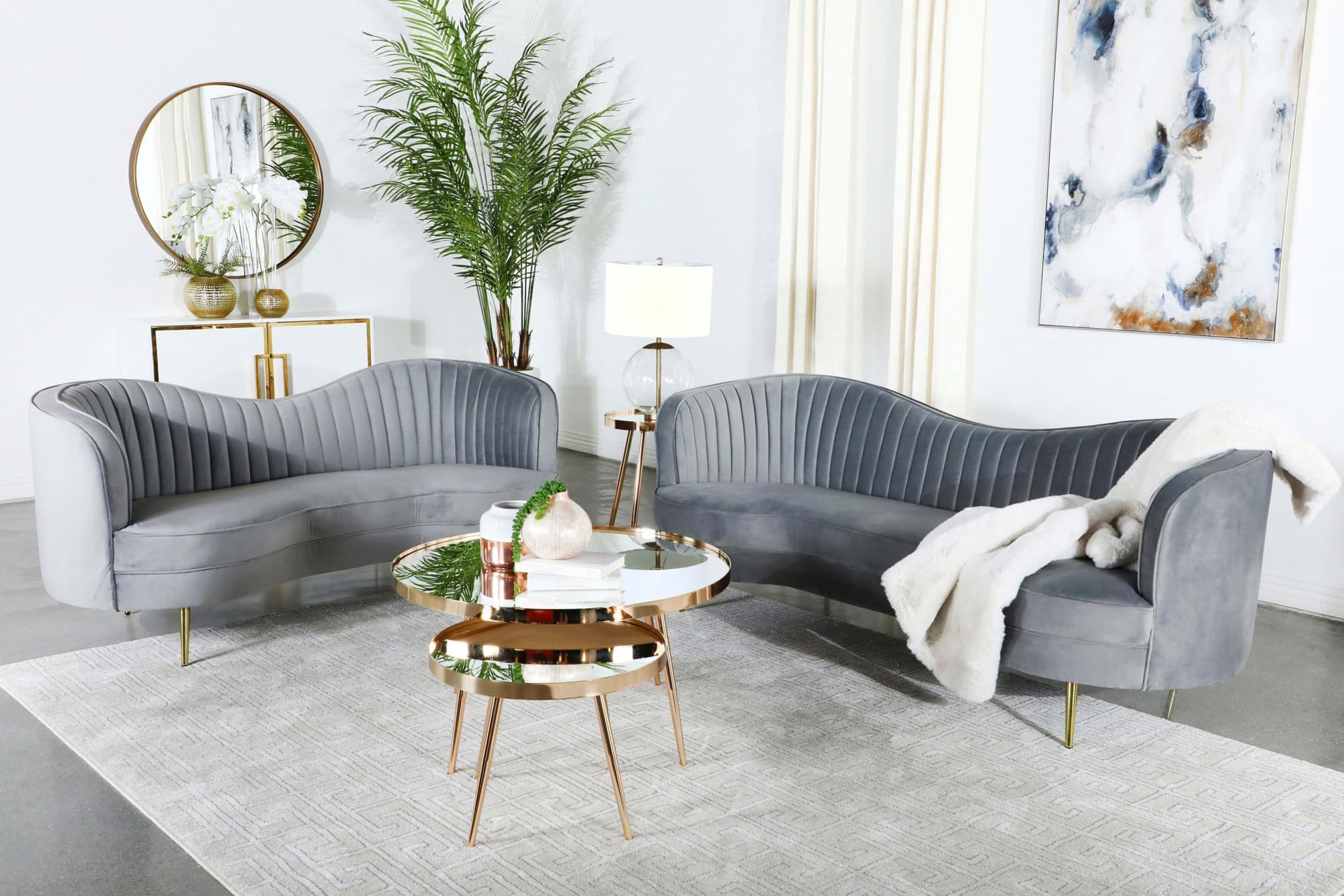 Sophia 2-Piece Upholstered Channel Tufted Sofa Set Grey - Image 1