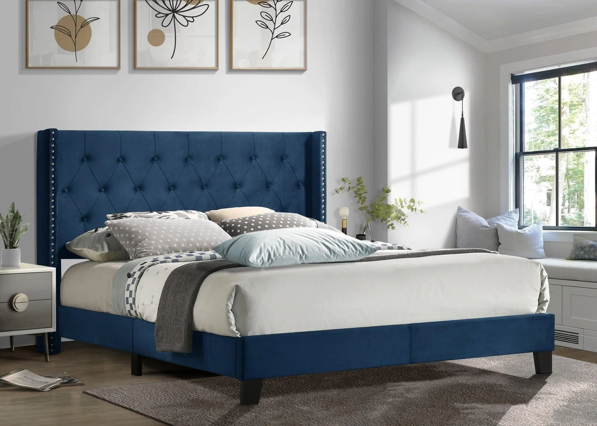 Erni Blue Velvet Upholstered Tufted Platform Queen Bed - Image 1