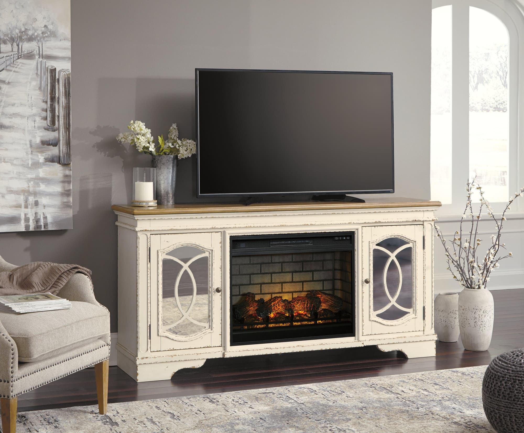 Realyn Chipped White 74" Tv Stand With Electric Fireplace - Image 1