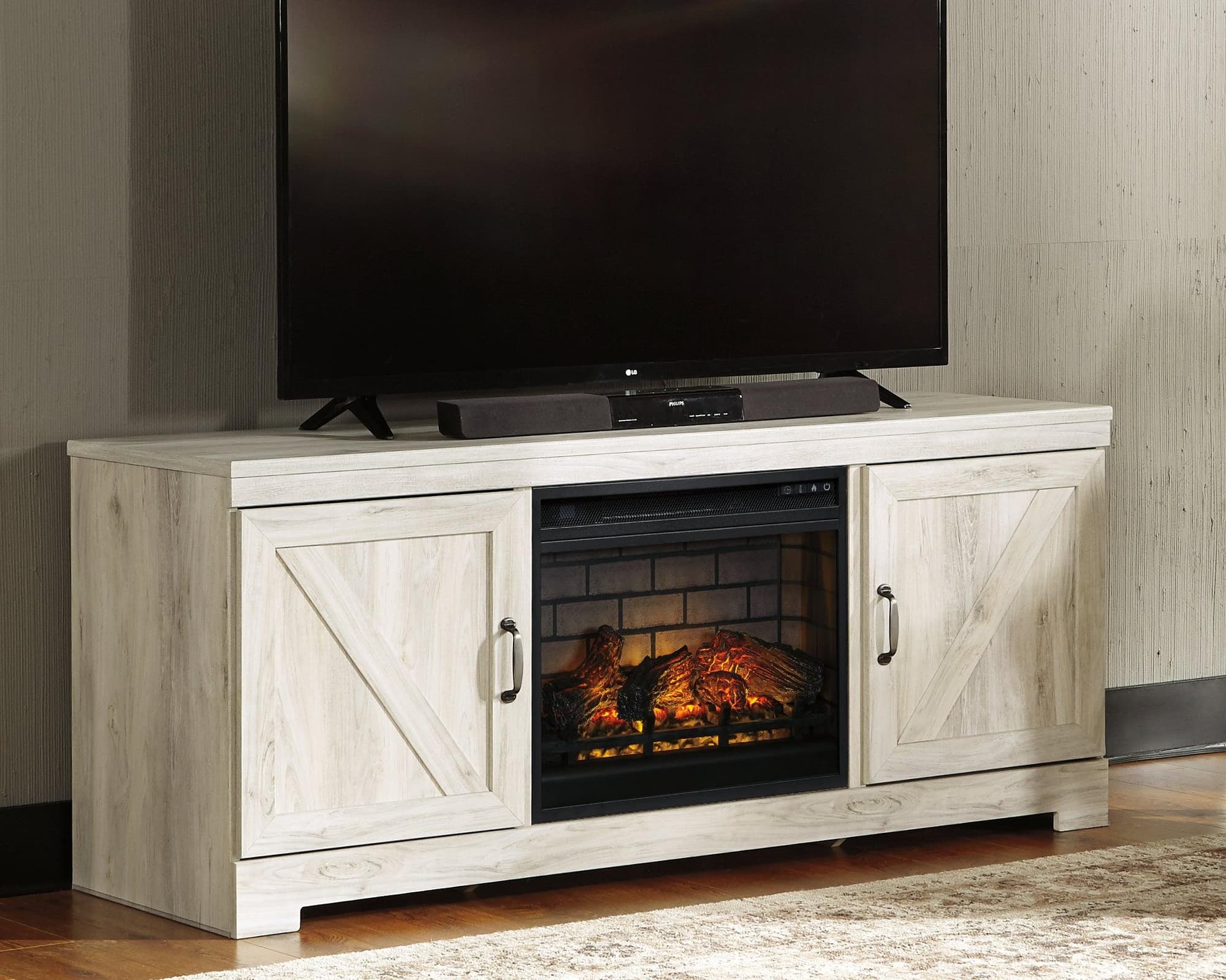 Bellaby Whitewash 63″ Tv Stand With Electric Fireplace