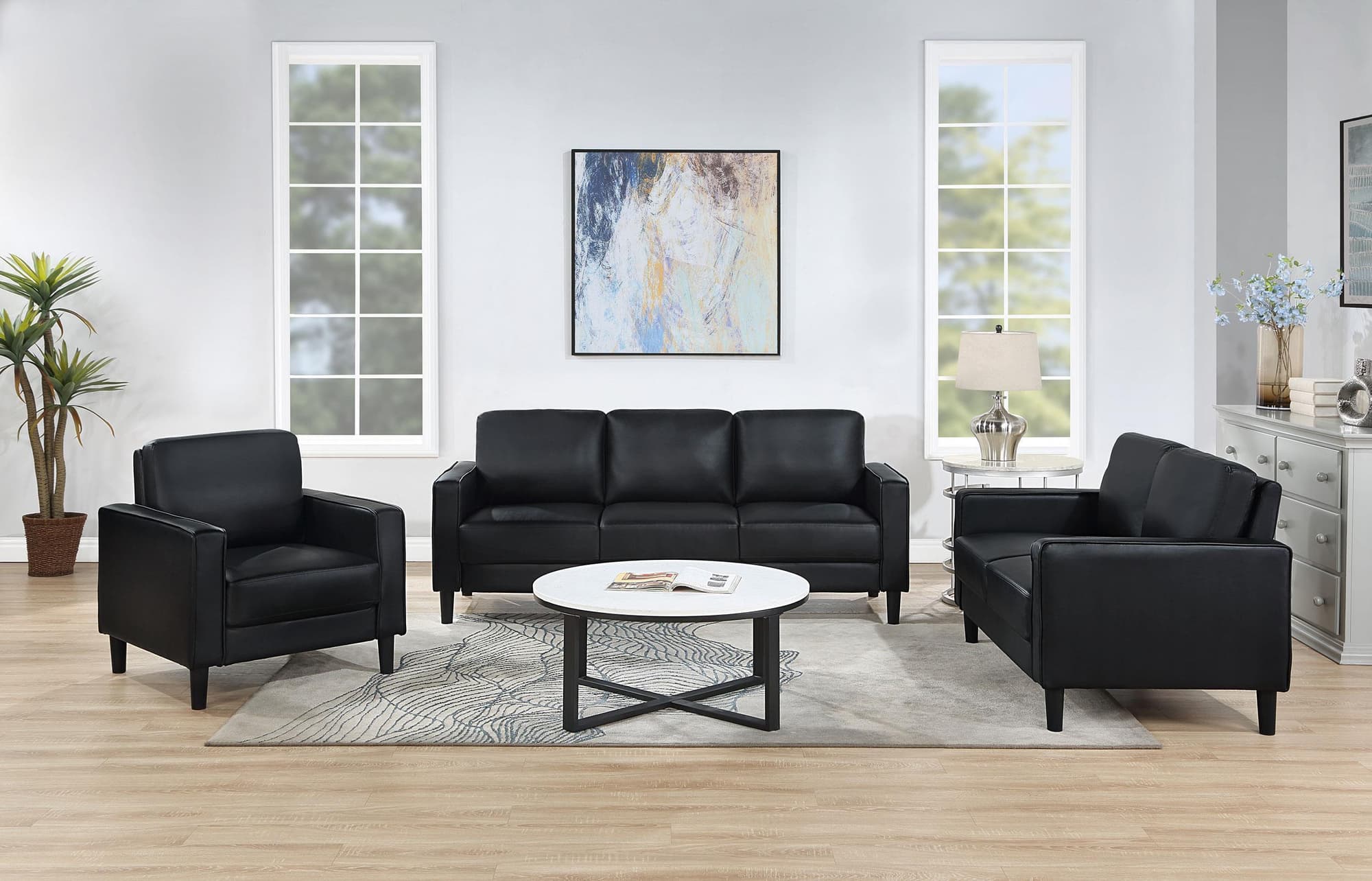 Ruth 3-Piece Upholstered Track Arm Sofa Set Black - Image 1