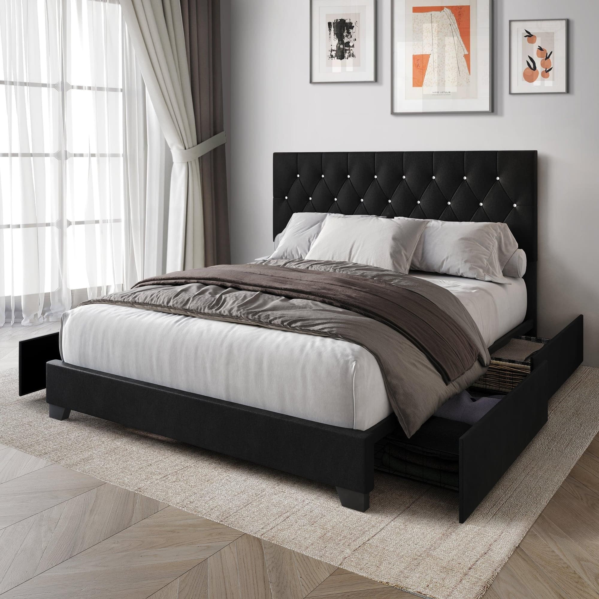 Saddy Black Velvet Upholstered Tufted Platform Queen Bed - Image 1