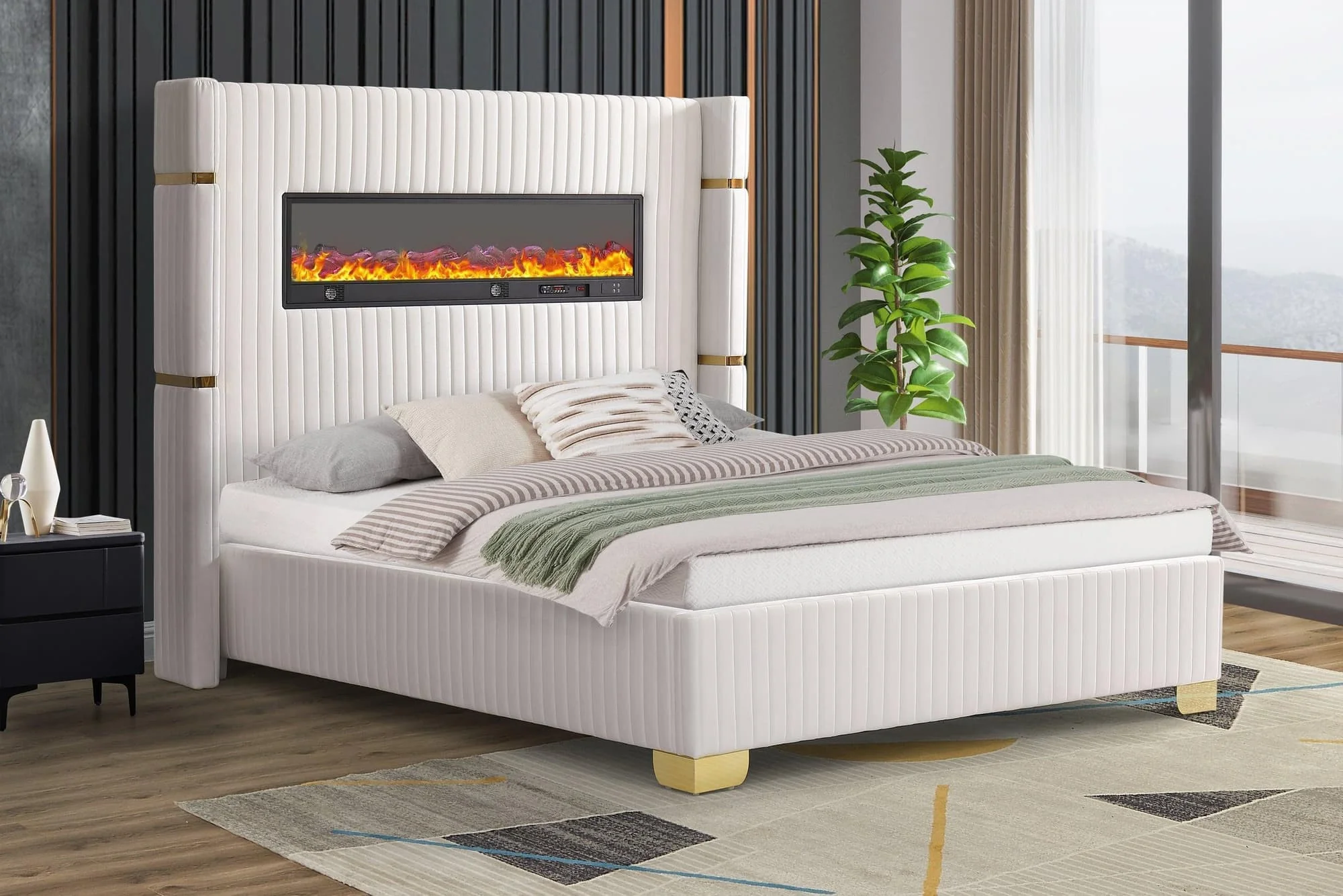 Romance White Multi Color Fireplace Platform Queen Bed - Image 1