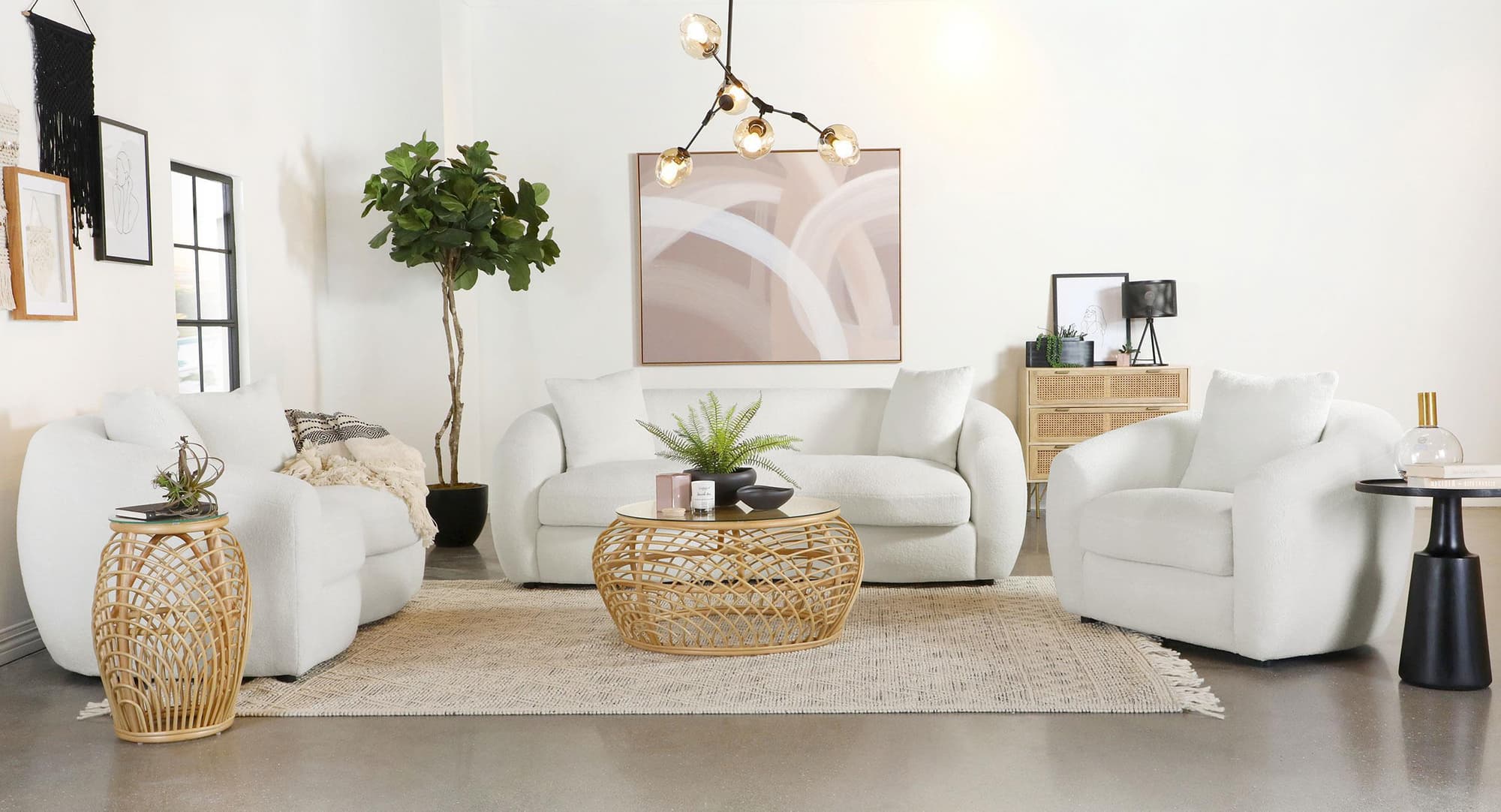Isabella 3-Piece Faux Sheepskin Upholstered Sofa Set Natural - Image 1