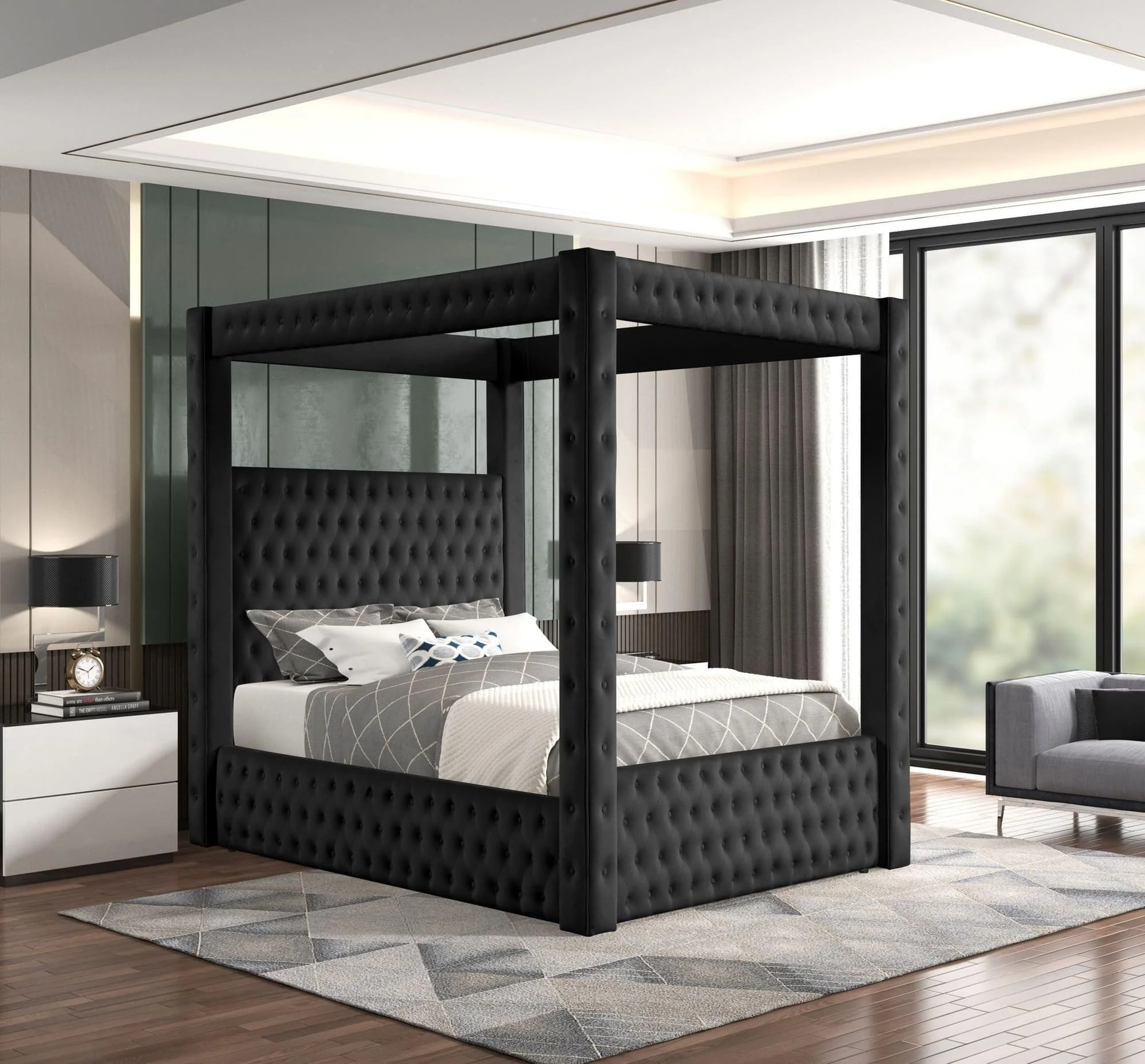 Castle Black Velvet Upholstered Tufted Platform King Bed - Image 1