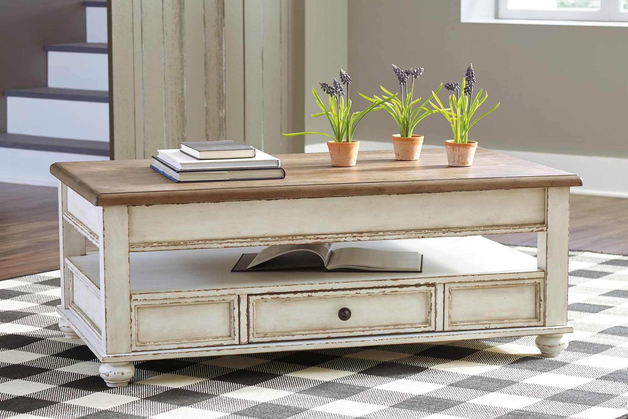 Realyn White Brown Coffee Table With Lift Top - Image 1