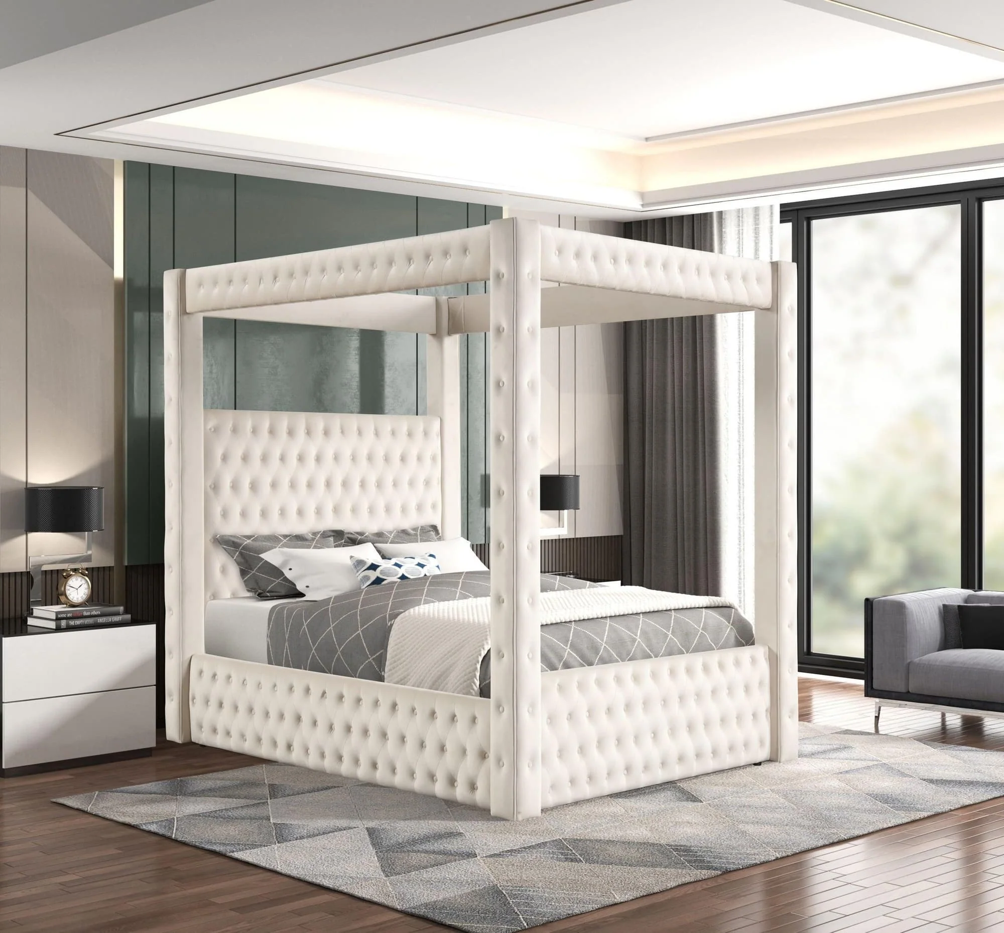 Castle Cream Velvet Upholstered Tufted Platform Queen Bed - Image 1