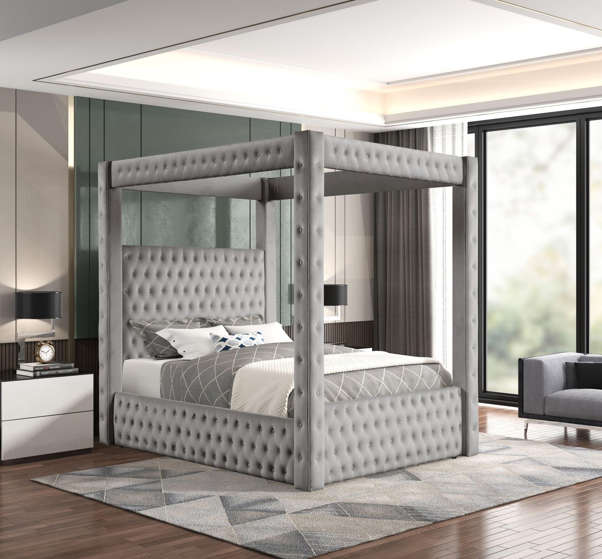 Castle Gray Velvet Upholstered Tufted Platform Queen Bed - Image 1