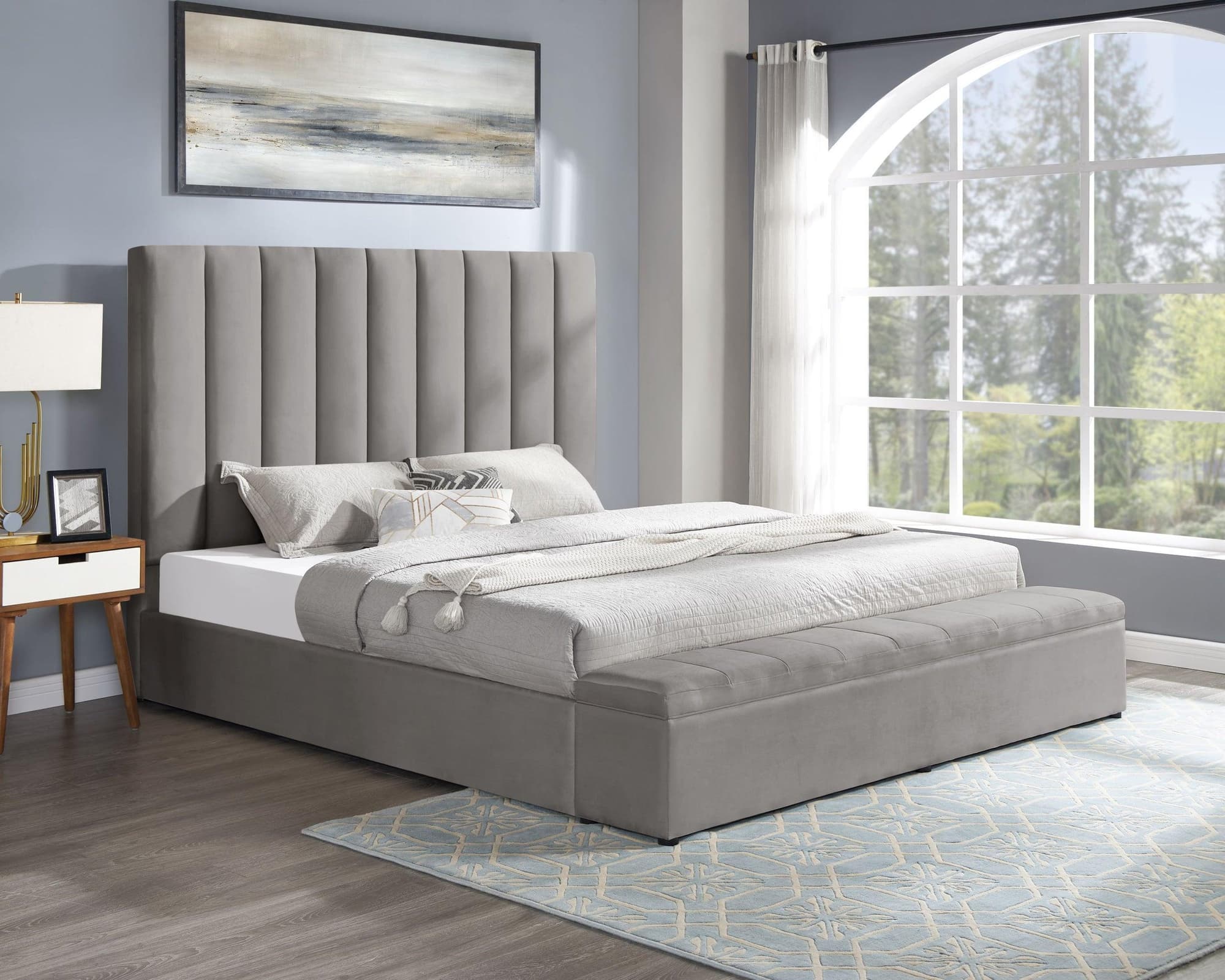 Valencia Gray Velvet Upholstered Platform Queen Bed - Image 1