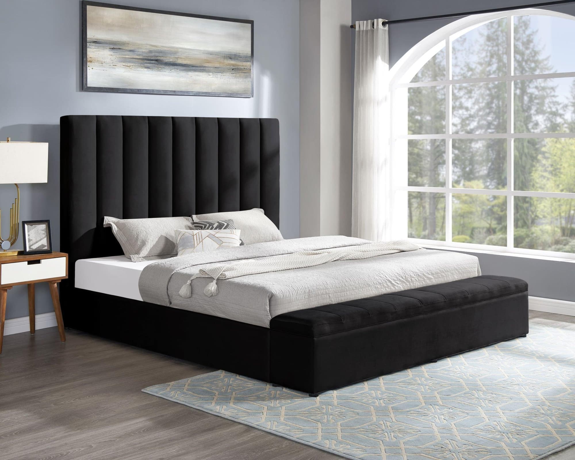 Valencia Black Velvet Upholstered Platform King Bed - Image 1