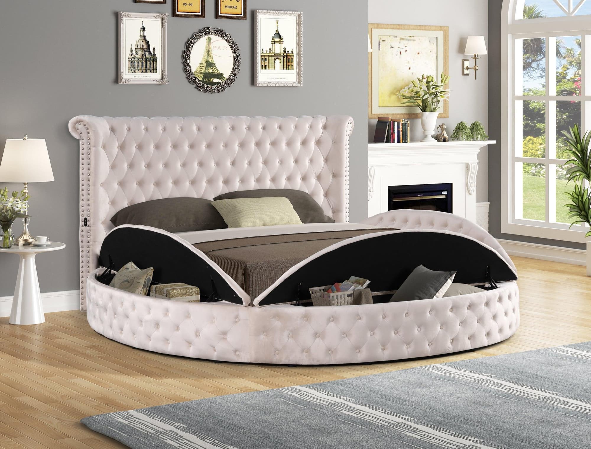 Penthouse Beige Velvet Upholstered Tufted Storage King Bed - Image 1