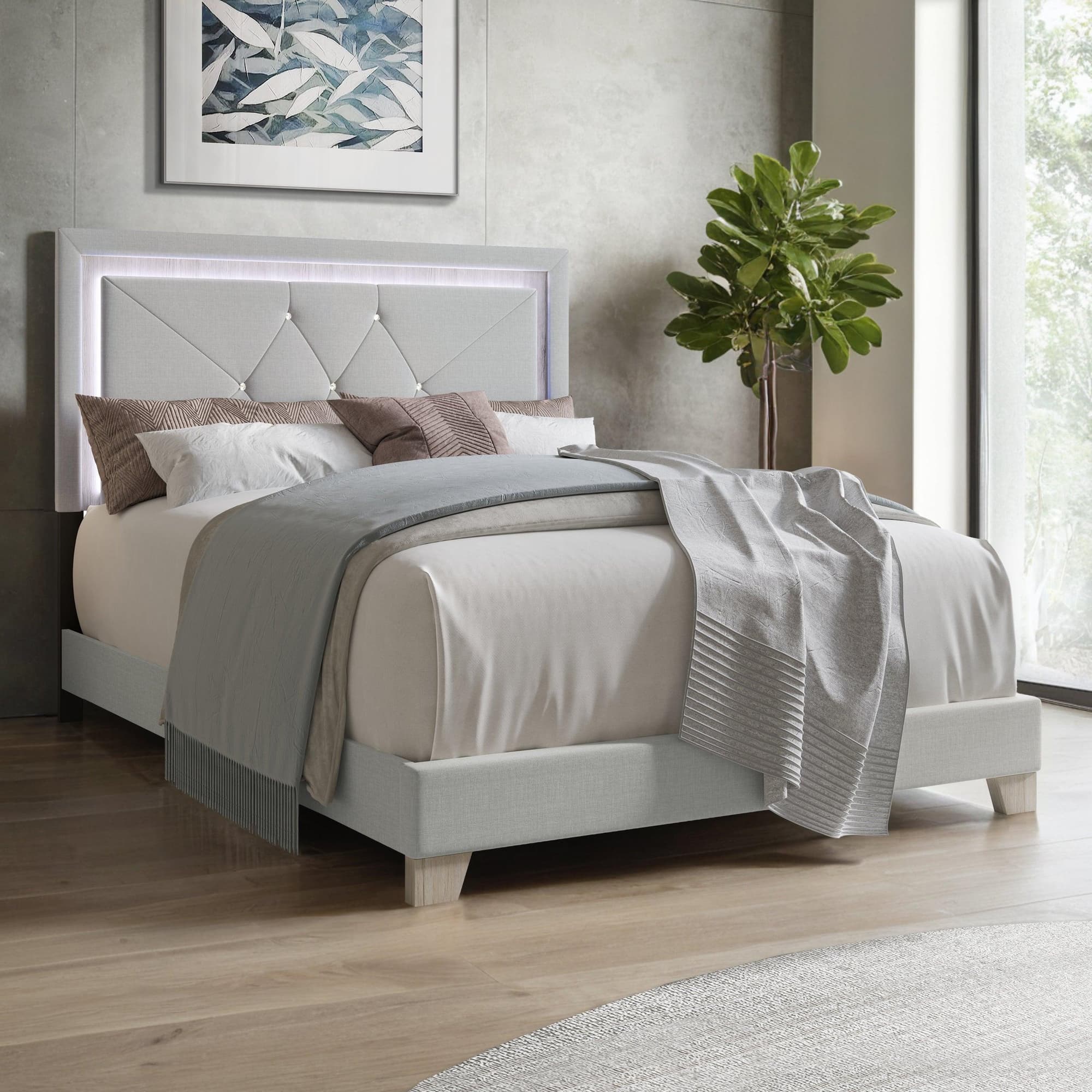Silver Velvet Upholstered Tufted LED Platform King Bed - Image 1