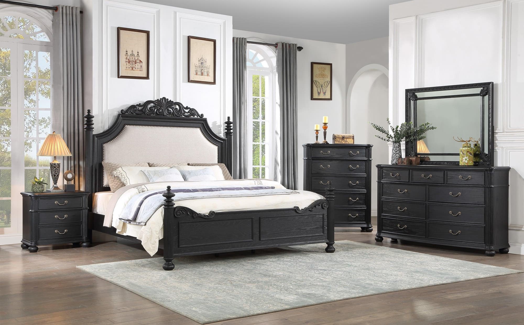 Kingsbury Black Fabric Upholstered Poster Panel Bedroom Set - Image 1