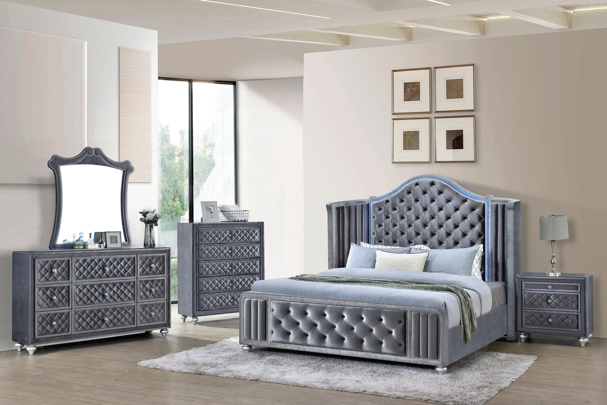 Cameo Gray Velvet Upholstered Tufted Panel Bedroom Set - Image 1