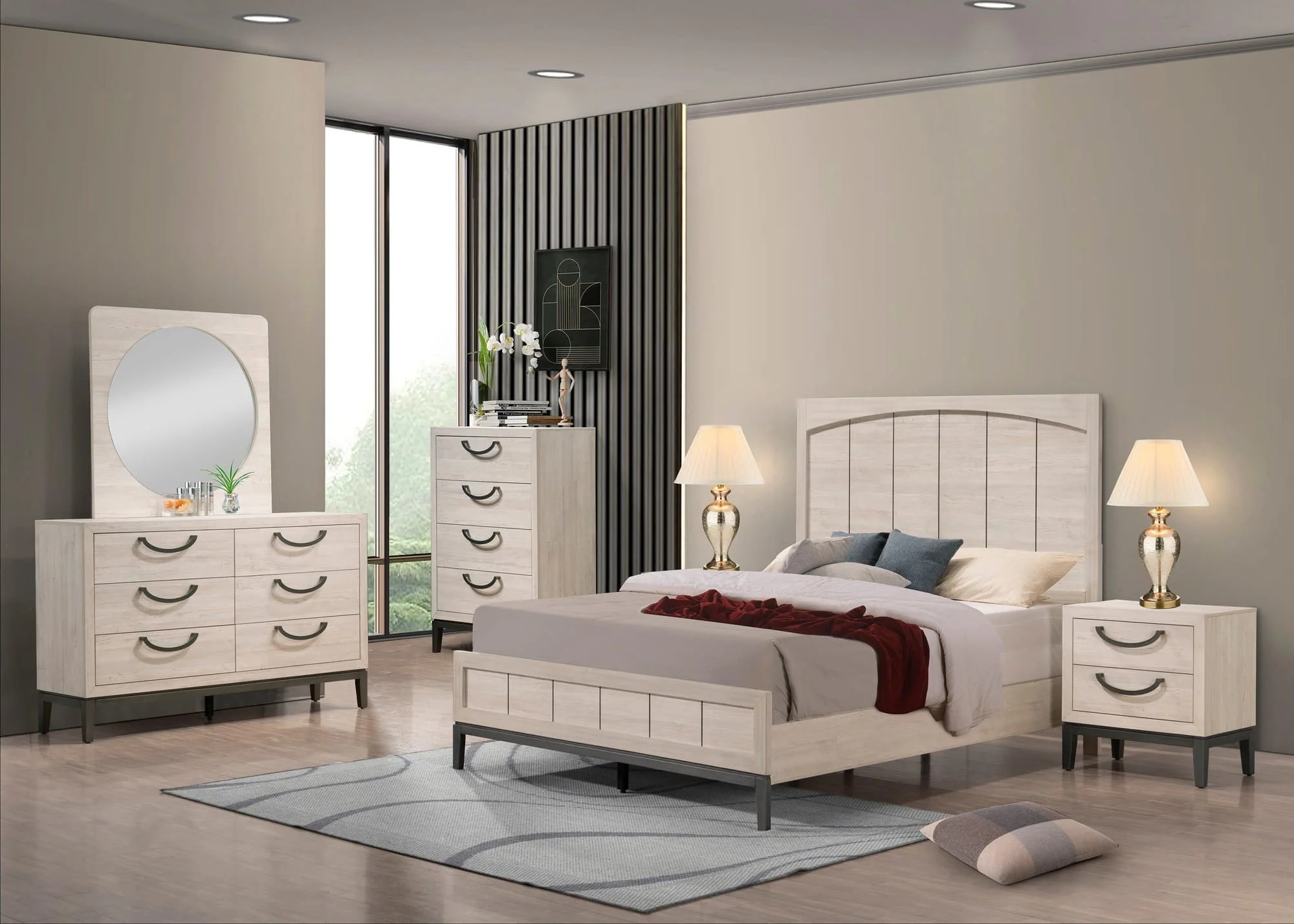 Veda Beige Upholstered Panel Bedroom Set - Image 1