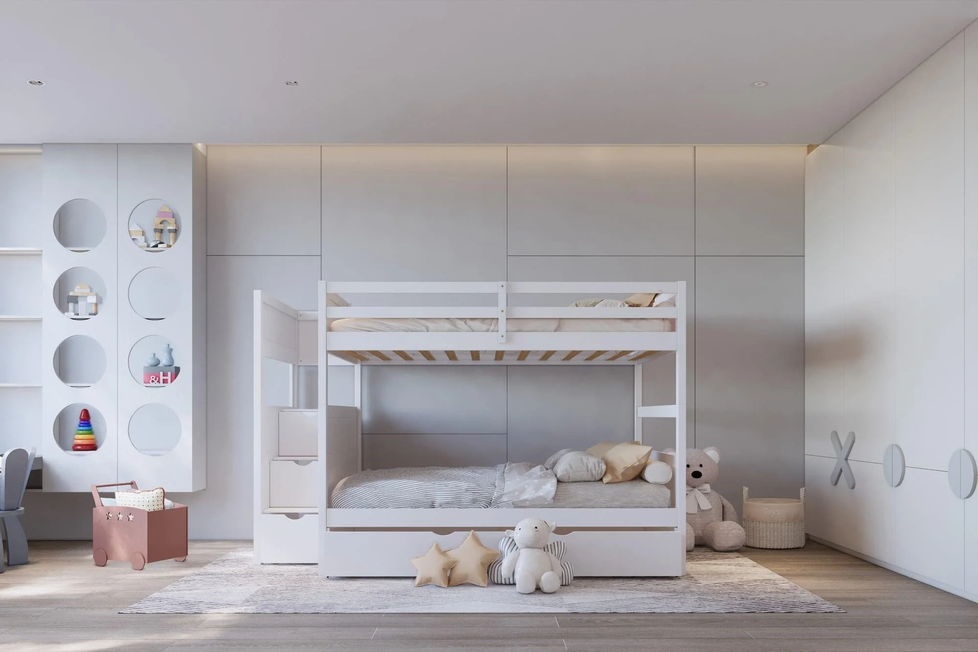 White Full Over Full Trundle Staircase Storage Bunk Bed