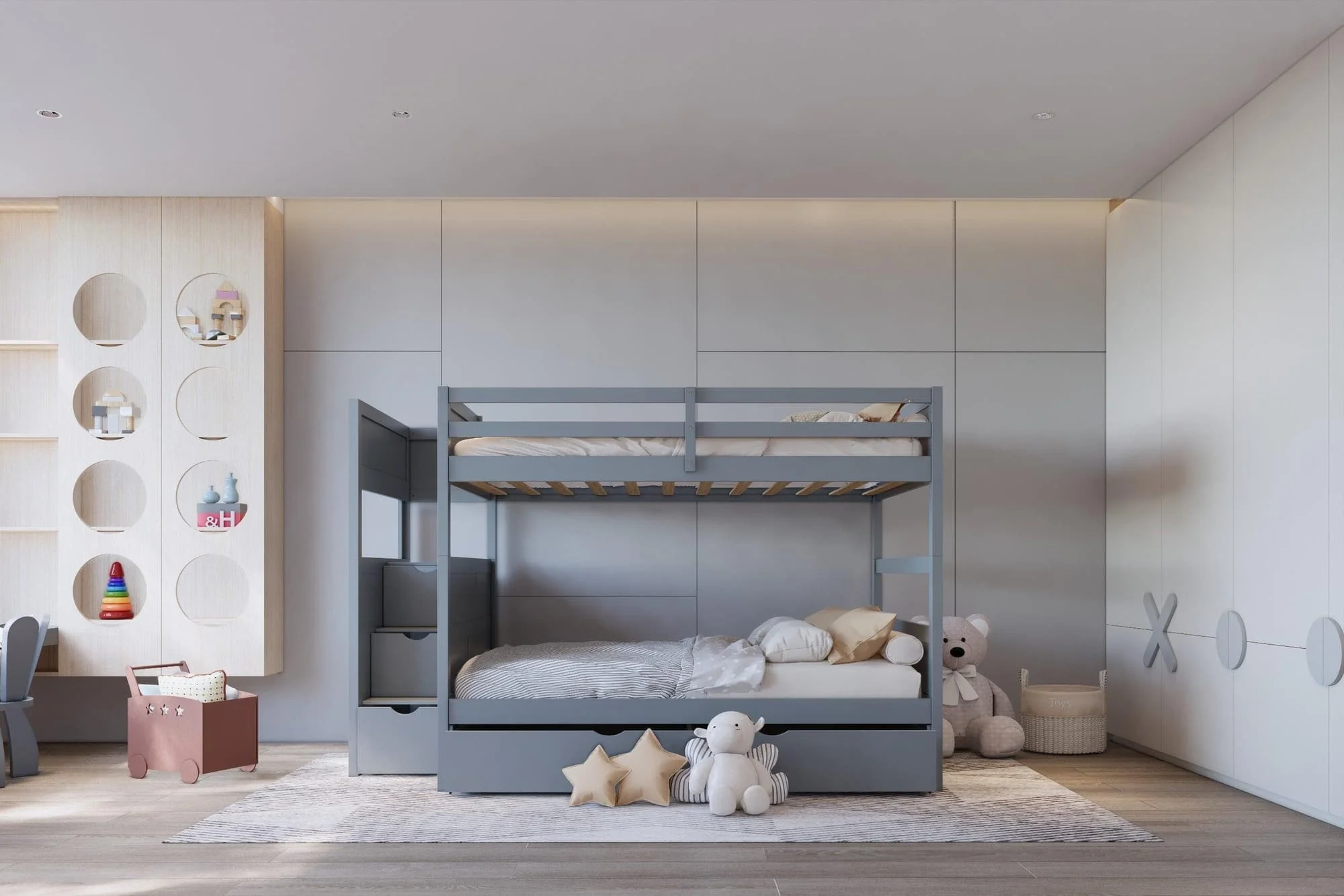 Gray Full Over Full Trundle Staircase Storage Bunk Bed