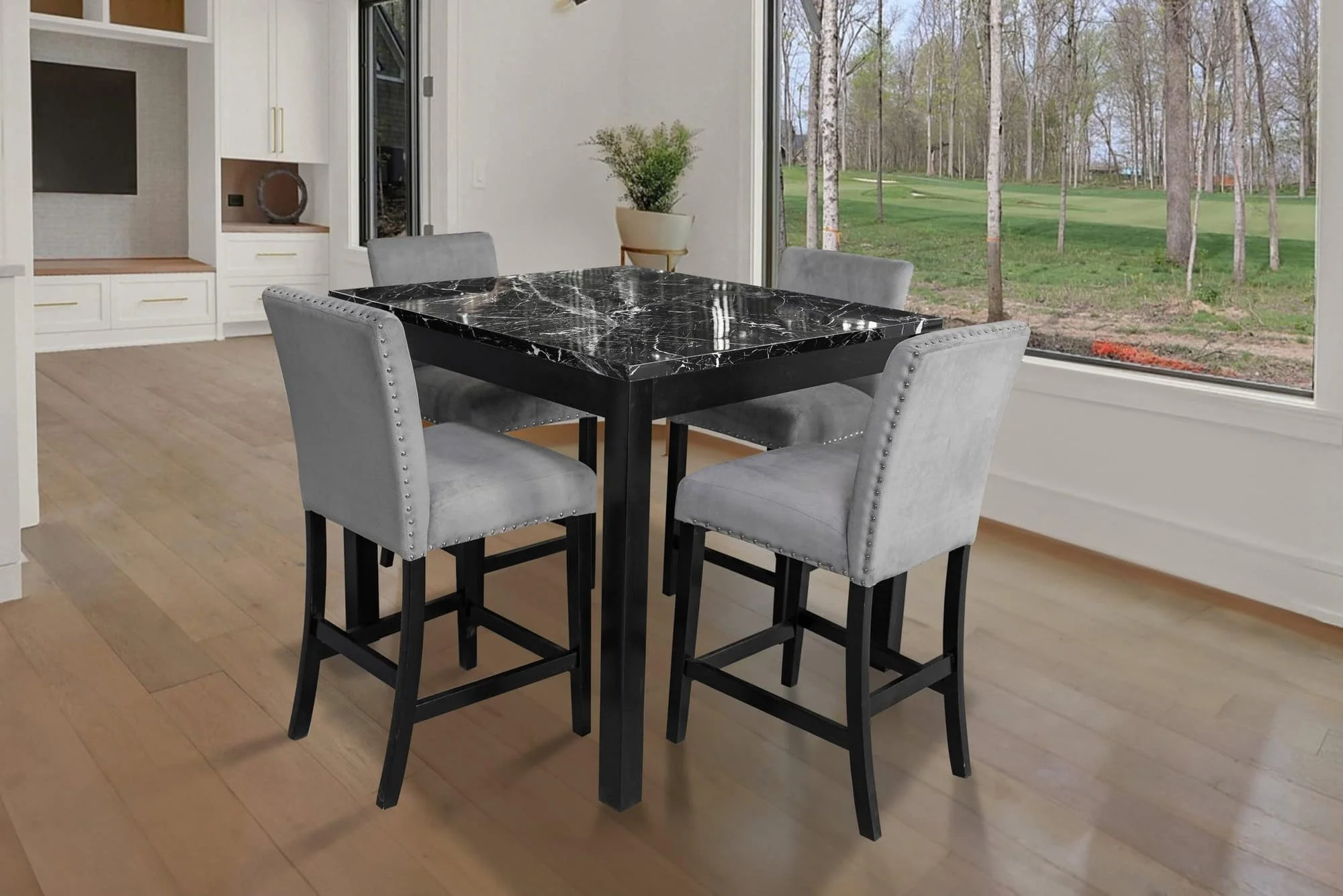 Dior Oynx Gray Marble Top Industrial Velvet Upholstered Dining Room Set - Image 1