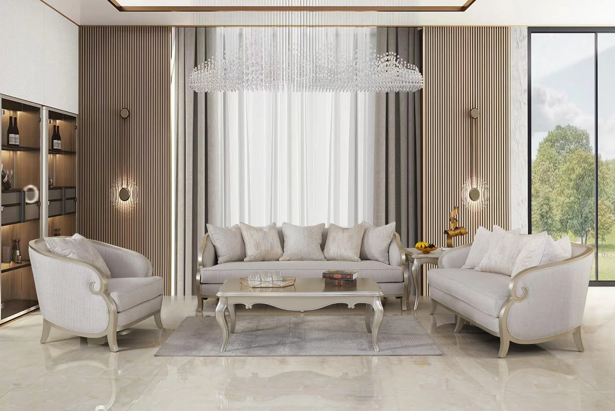 Alexandra Beige Fabric Upholstered 3-Piece Living Room Set
