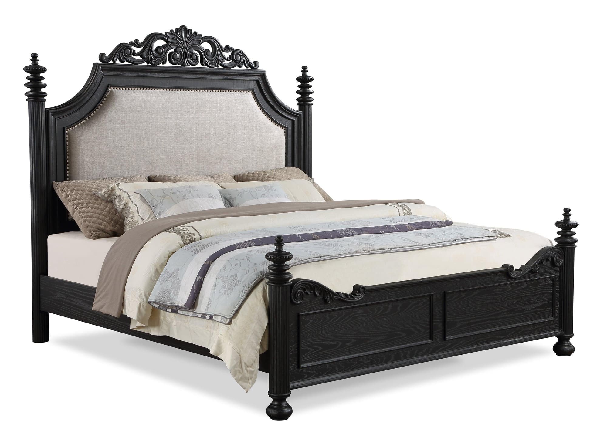 Kingsbury Black Fabric Upholstered Poster Panel Queen Bed - Image 1