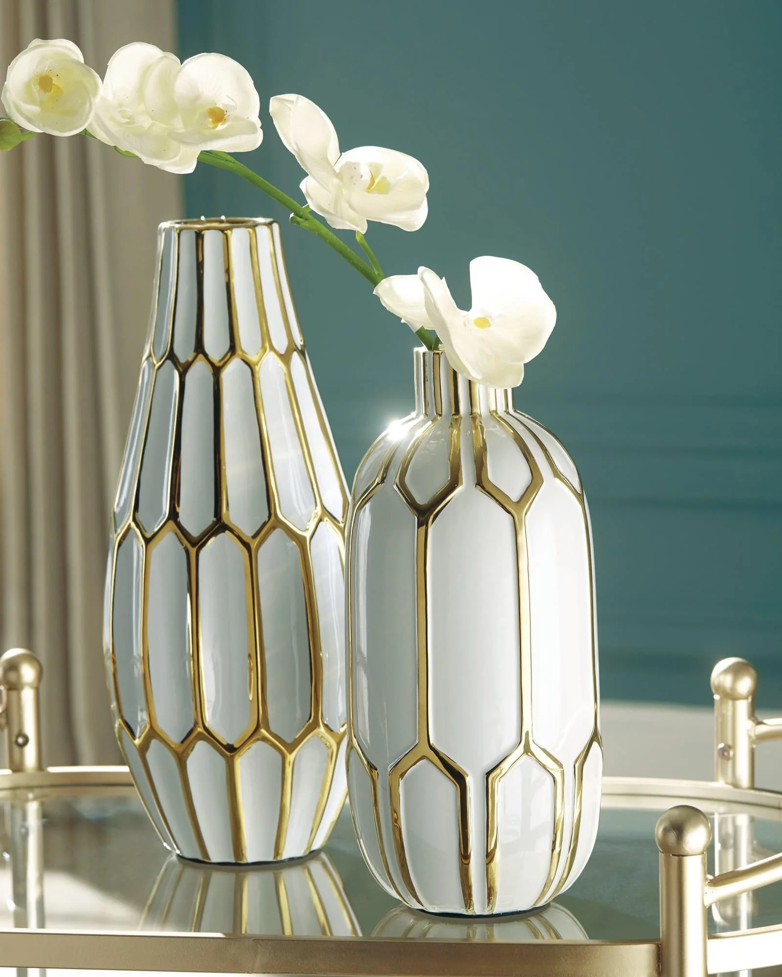 Mohsen Gold Finish White Vase (Set of 2) - Image 1