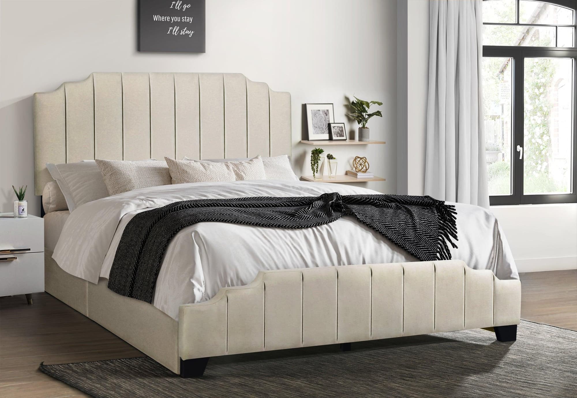 Faddy Beige Velvet Upholstered Platform Full Bed - Image 1