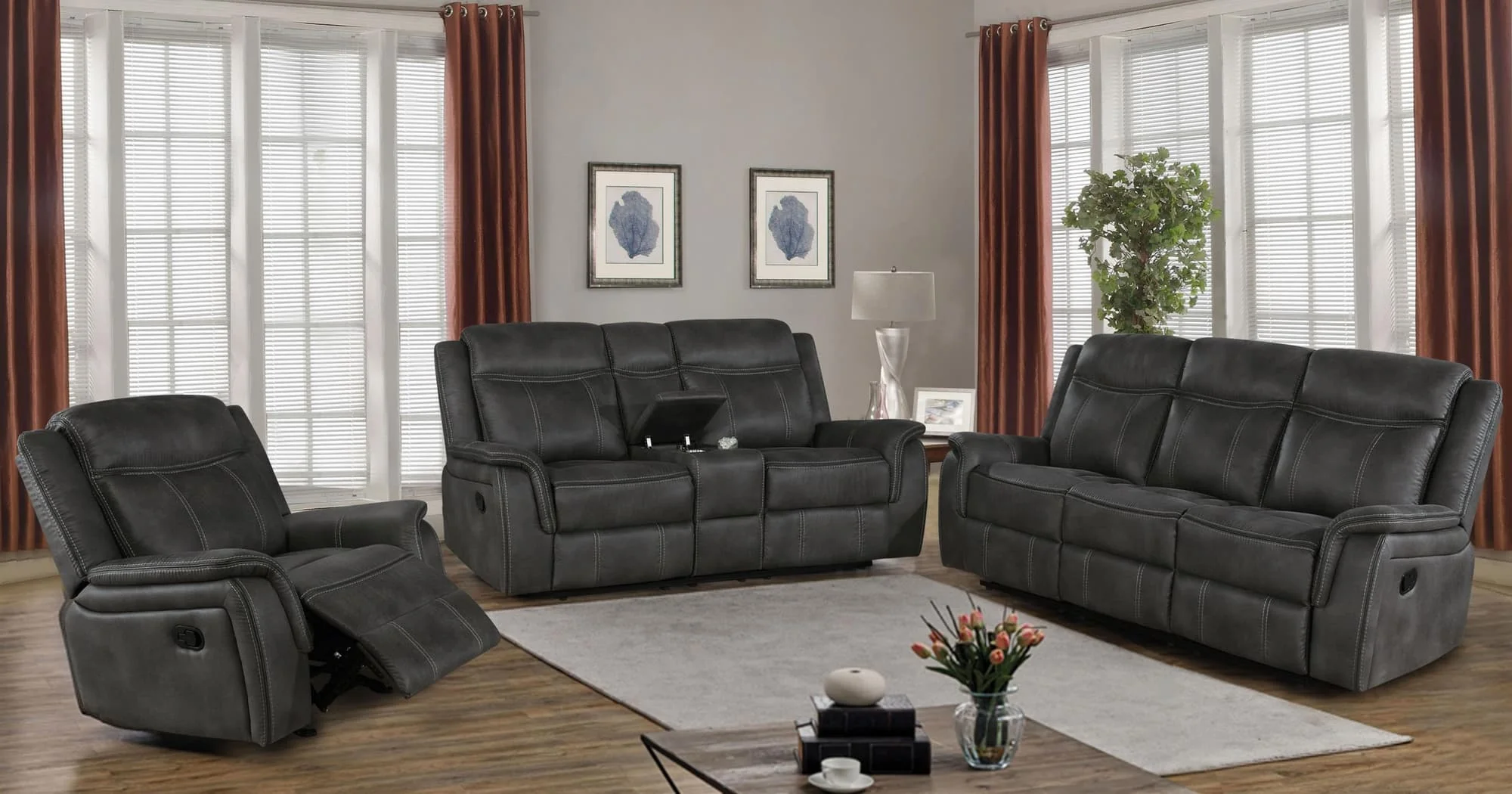 Lawrence 3-Piece Upholstered Reclining Sofa Set Charcoal - Image 1