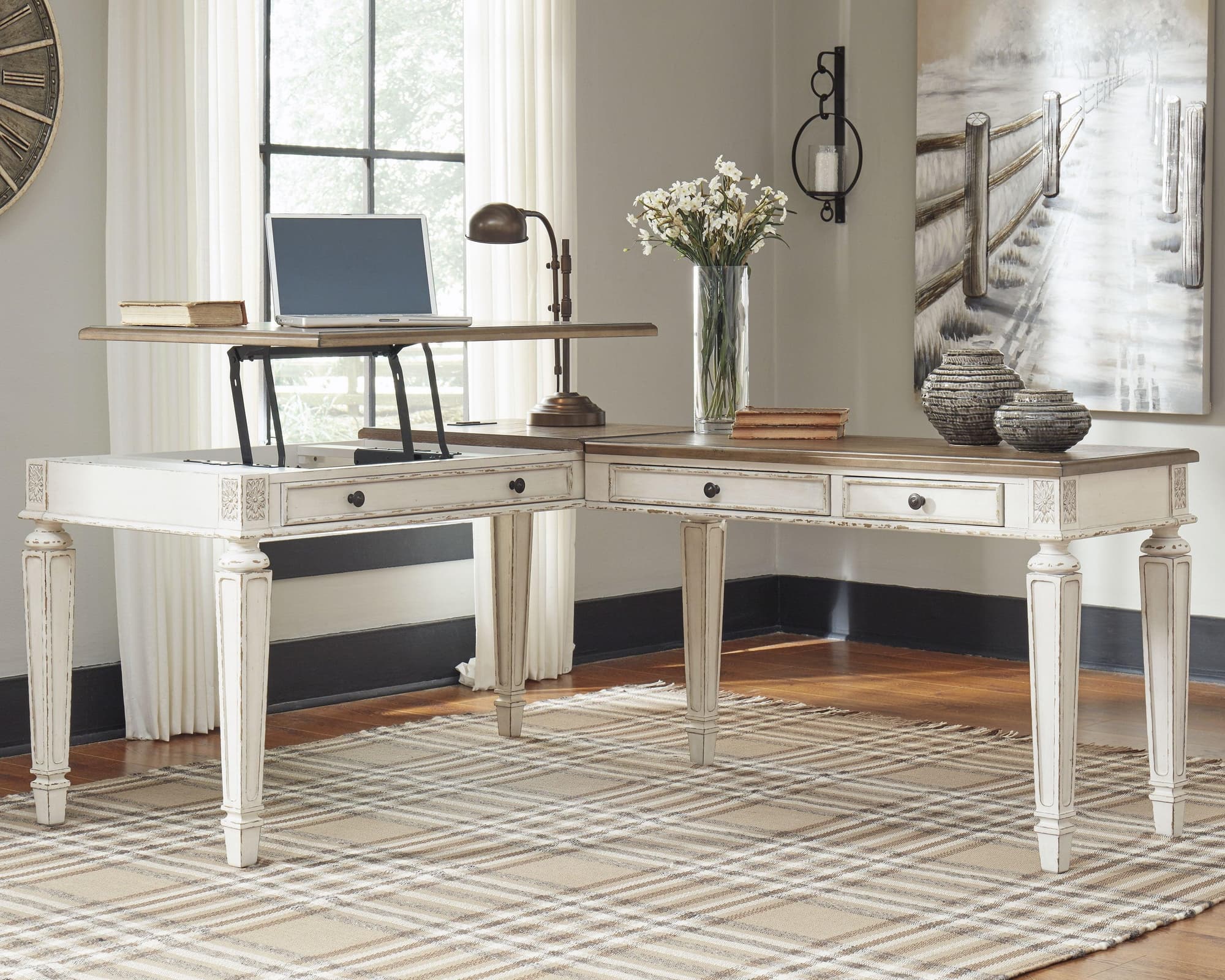 Realyn White Brown 2-Piece Home Office Lift Top Desk - Image 1