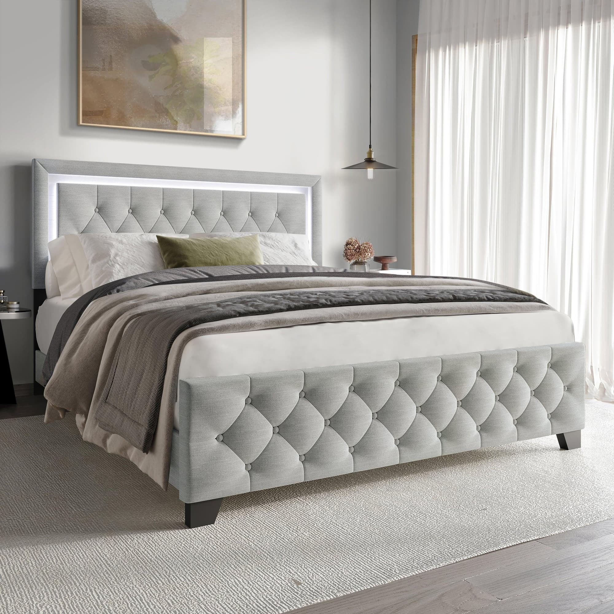 Oluma Gray Upholstered Tufted Panel Twin Bed - Image 1