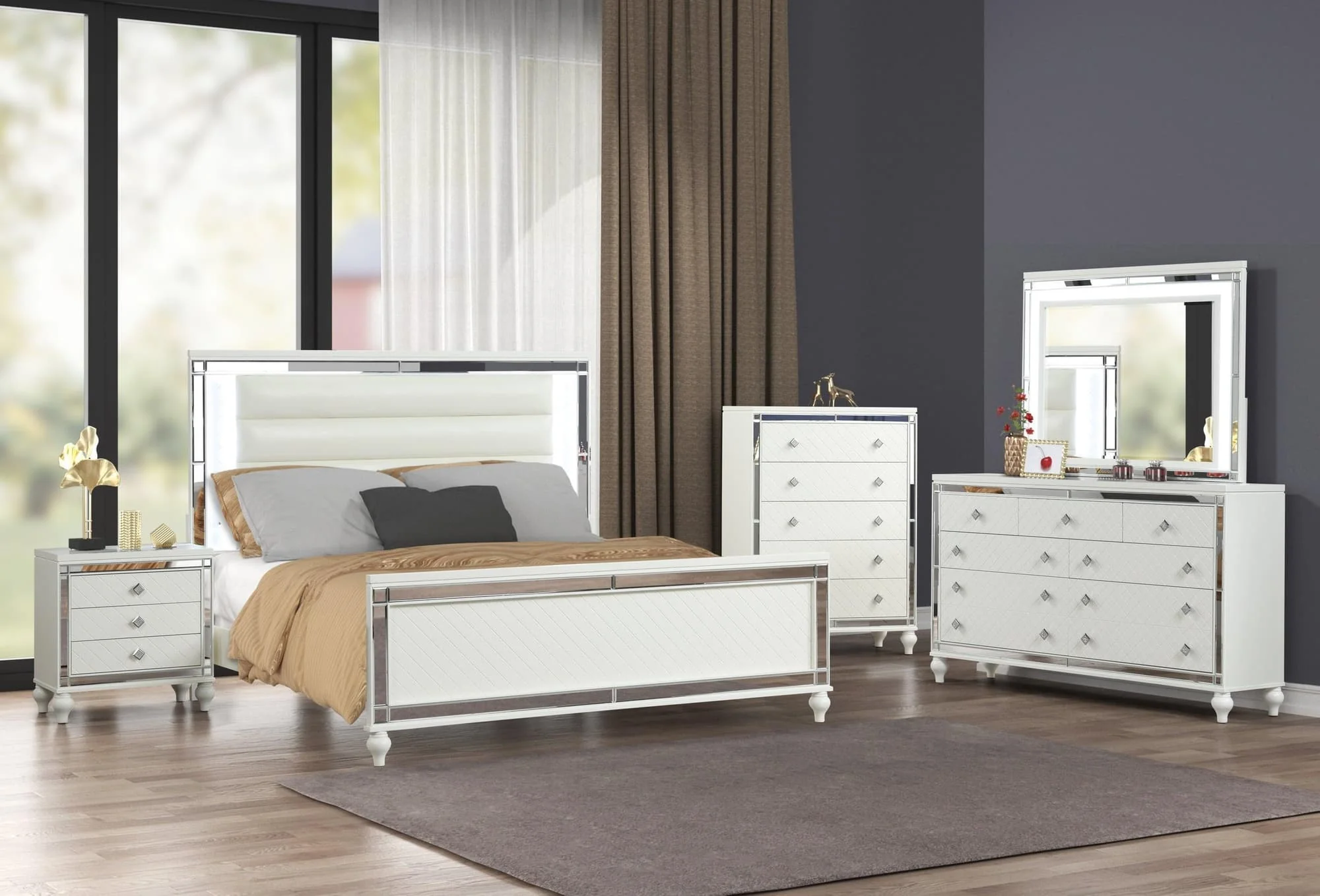 Stars White LED Upholstered Panel Bedroom Set - Image 1