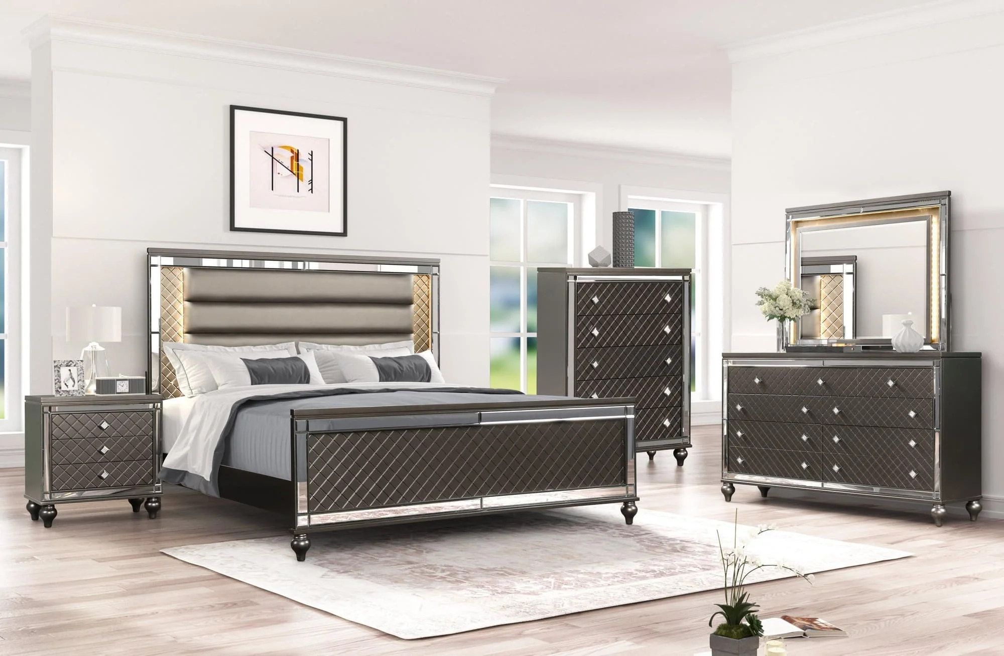 Stars Charcoal LED Upholstered Panel Bedroom Set - Image 1