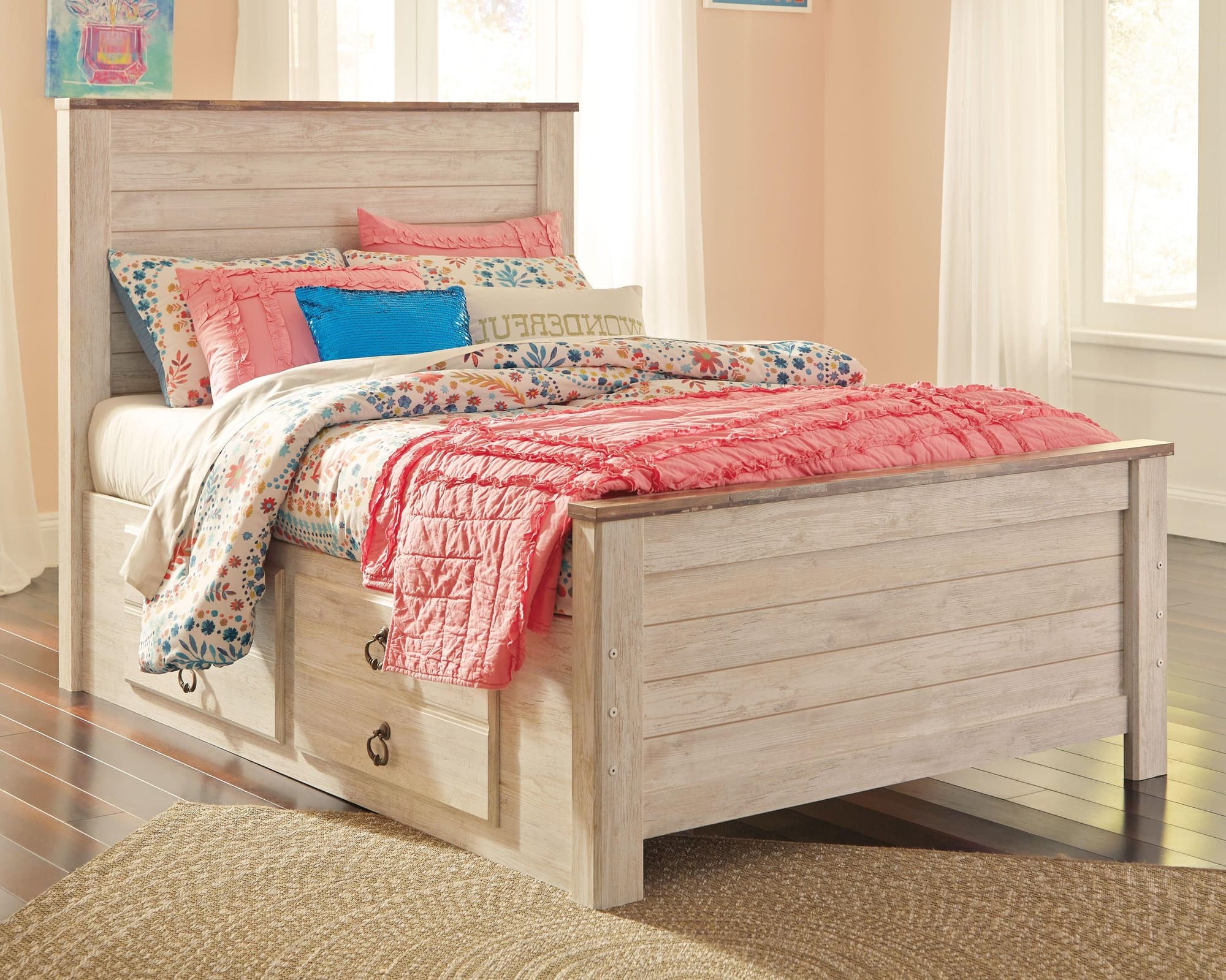 Willowton Whitewash Full Panel Bed With 2 Storage Drawers - Image 1