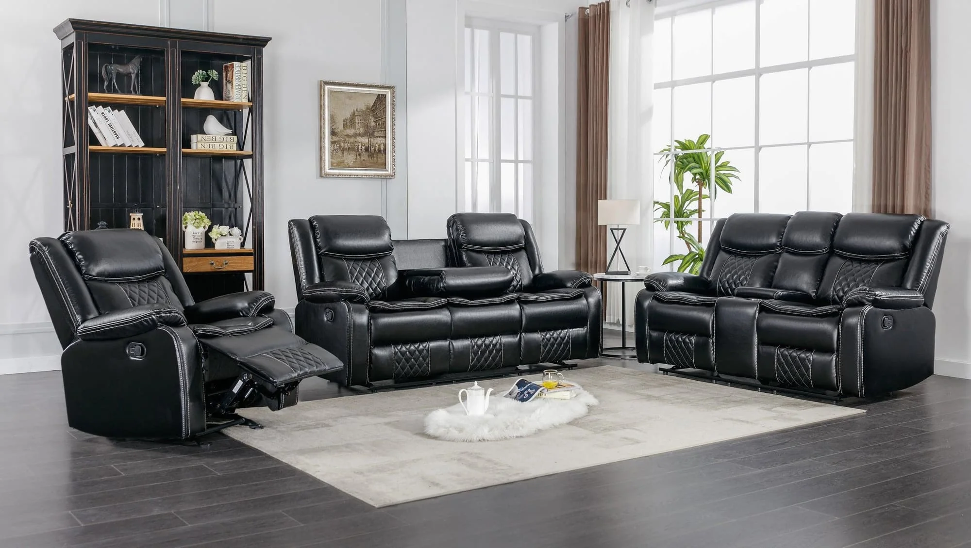 Weston Black Faux Leather 3-Piece Reclining Living Room Set - Image 1
