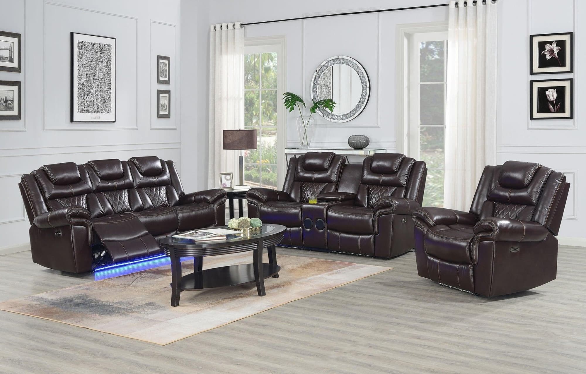 Alexa Brown Faux Leather Gel 3-Piece Power Living Room Set - Image 1