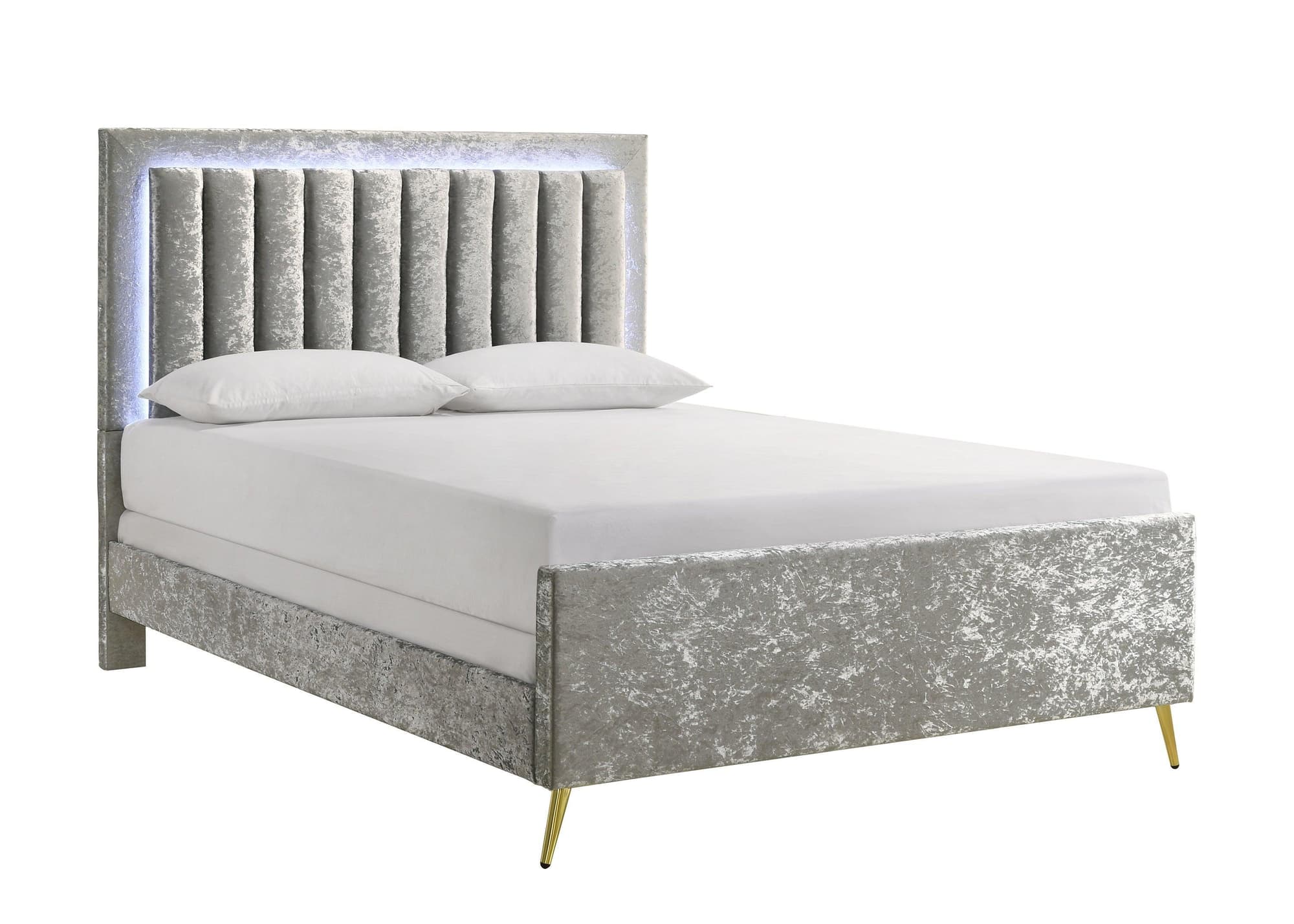 Glisten Gray Velvet Upholstered Panel LED Queen Bed - Image 1