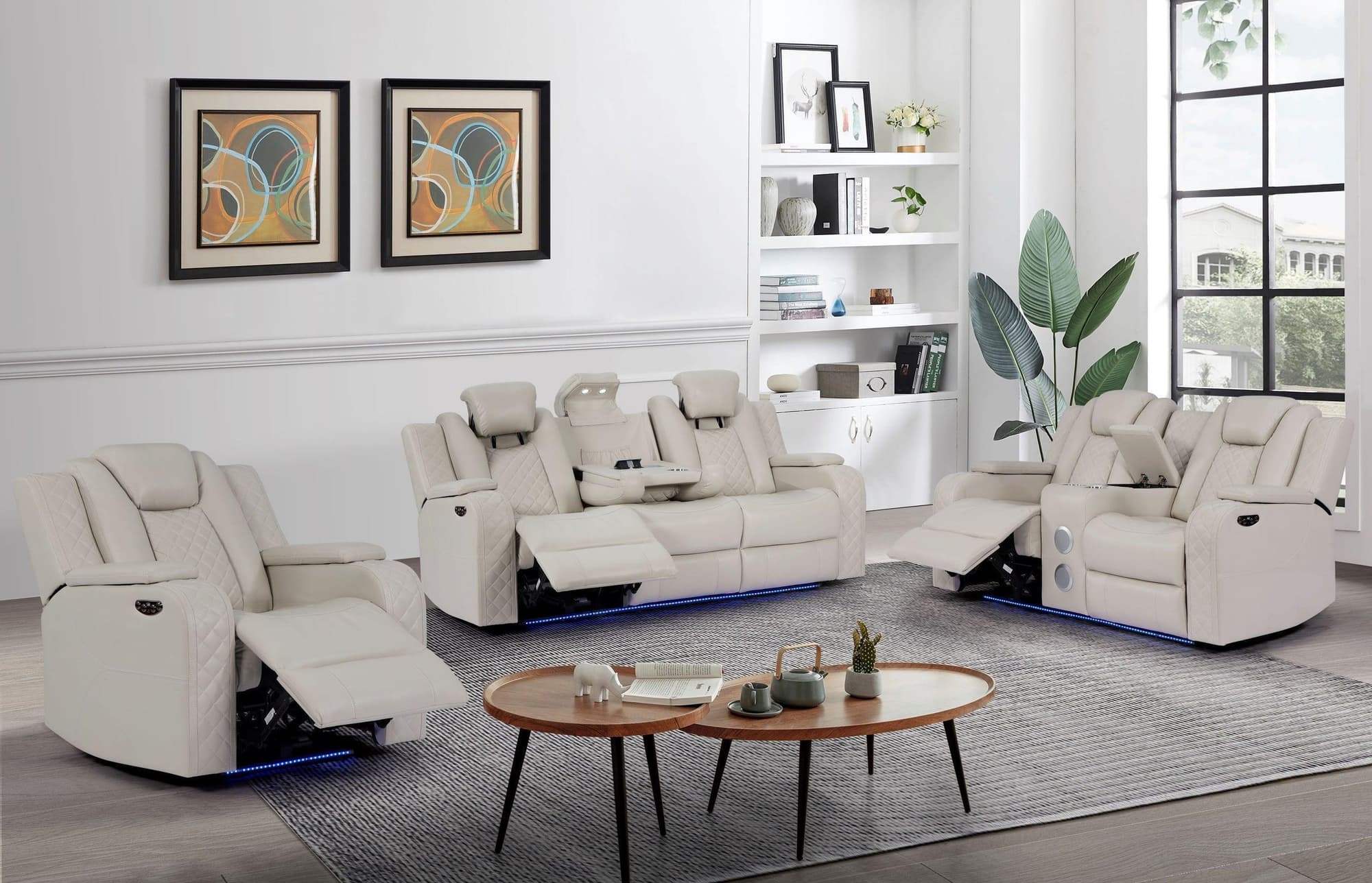 Galaxy Sand Faux Leather LED 3-Piece Power Reclining Set - Image 1