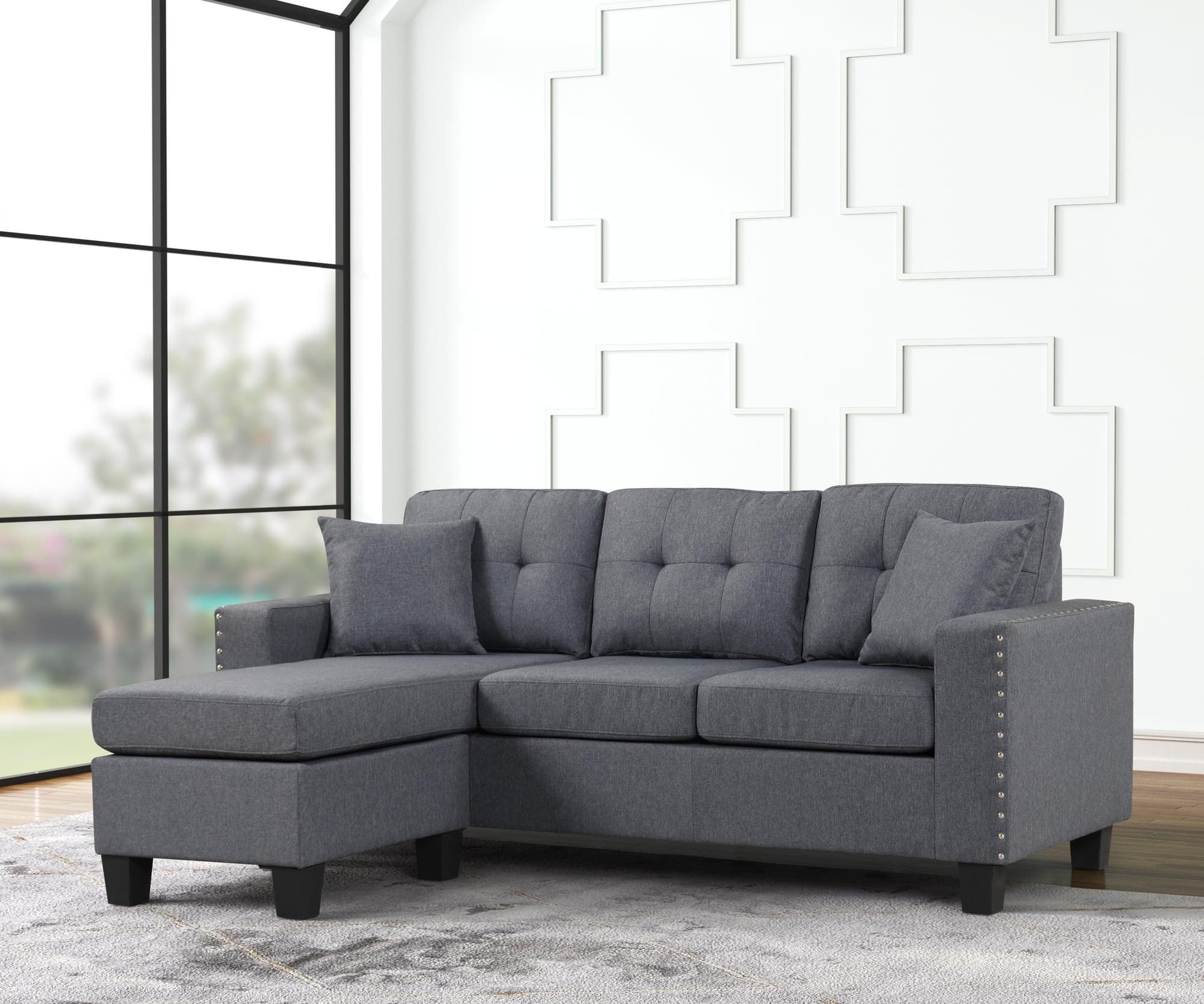 Cris Gray Velvet Upholstered Tufted Reversible Sectional - Image 1